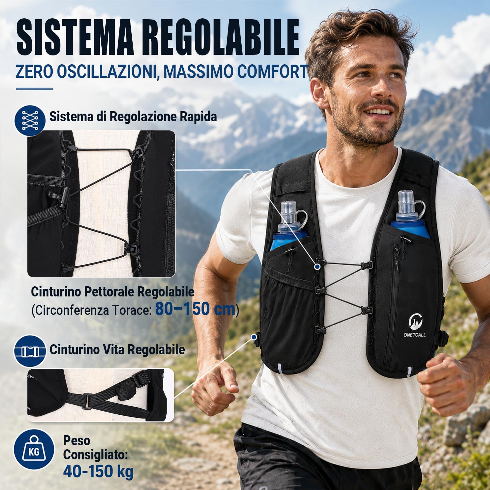 Gilet Running Uomo Donna, Zaino Trail Running, Running Vest con 2X Borraccia Morbida 500ml y Luce LED Ricaricabile, Gilet Corsa Leggero per Ultrarunning Jogging Marathon Trekking Ciclismo