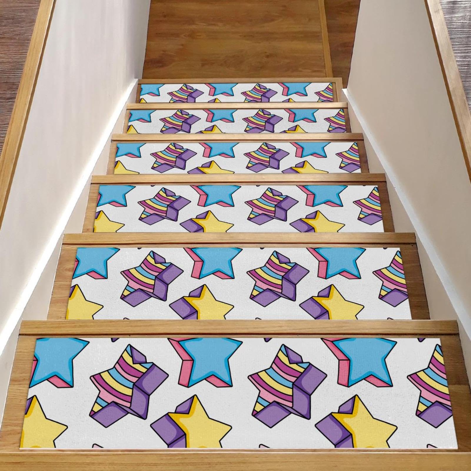 Alfombras para escaleras de madera con fondo de estrellas, pack de 15 piezas de 8x30 pulgadas
