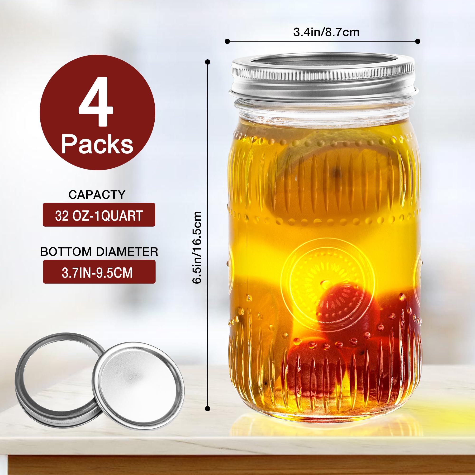 Pack de 4 Tarros de Cristal con Tapa, Vasos con tapón de rosca