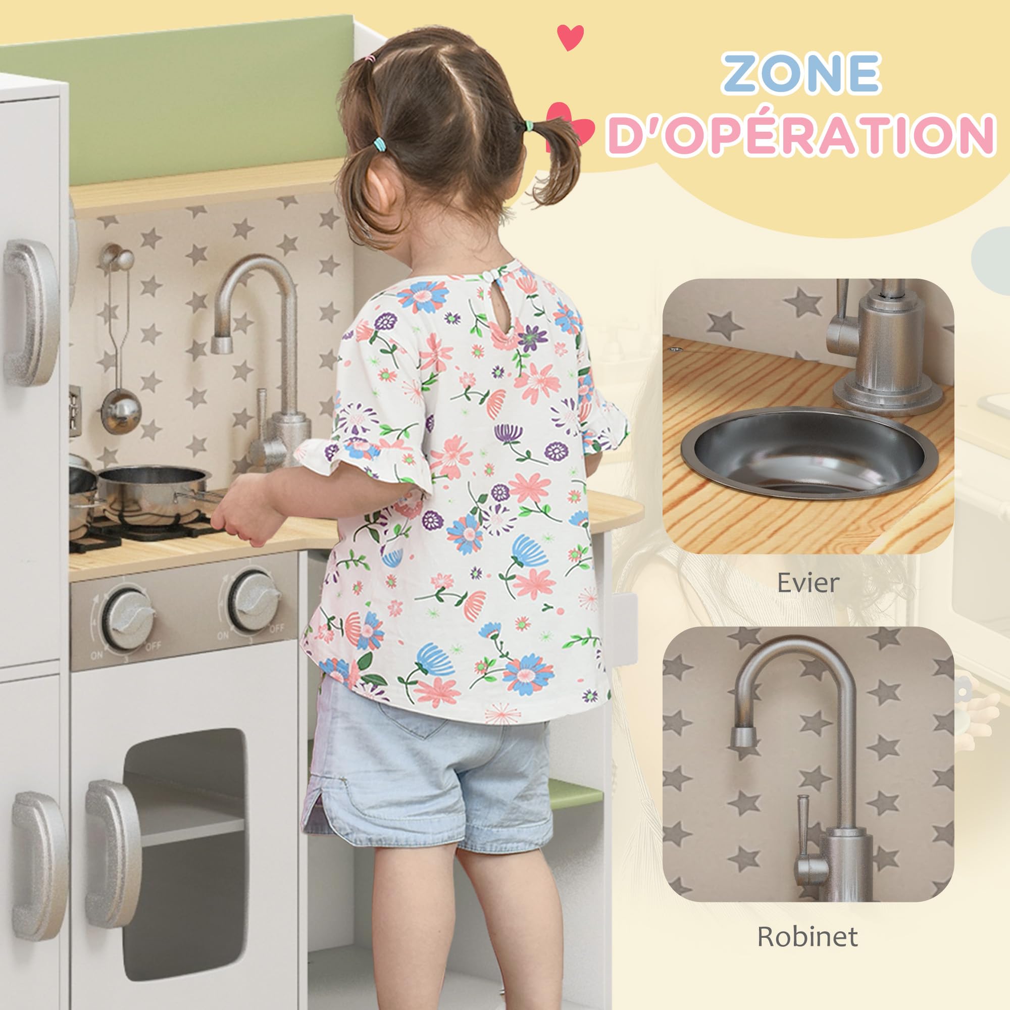 AIYAPLAY Cuisine Enfant en Bois 3-8 Ans Jeu d'imitation avec Machine à glaçons, évier Mobile en Acier Inoxydable et ustensiles 84 x 34 x 89 cm Blanc