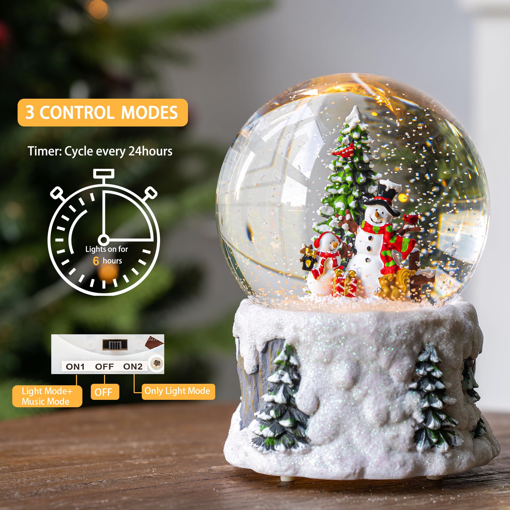 Globo de nieve de Navidad con muñecos de nieve, iluminación musical con linterna de agua de 6 horas con purpurina giratoria, regalos y decoraciones de fiesta de Navidad