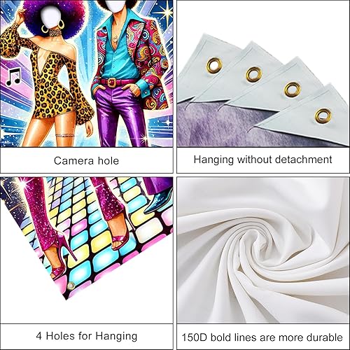 Miniatura 5 de Banner para puerta de fotos de discoteca de 35 x 71 pulgadas, suministros de fondo de baile retro de los años 70, decoraciones de fiesta de los años