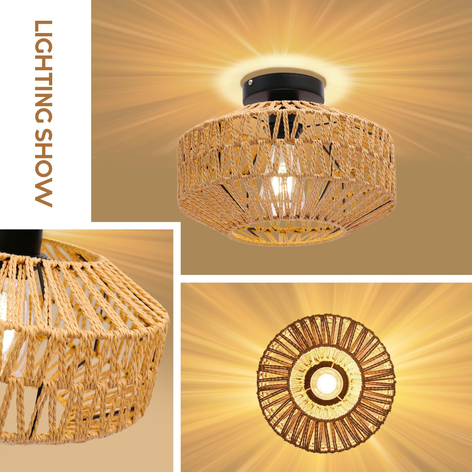 AmazeFun Boho Deckenleuchte Style mit Rattan Lampenschirm - Ø30cm Rattan Deckenlampe Wohnzimmer, E27 Vintage Deckenlampe, Rustikal Deckenleuchte Schlafzimmer, Boho Korb Lampe Für Esszimmer Küche Flur