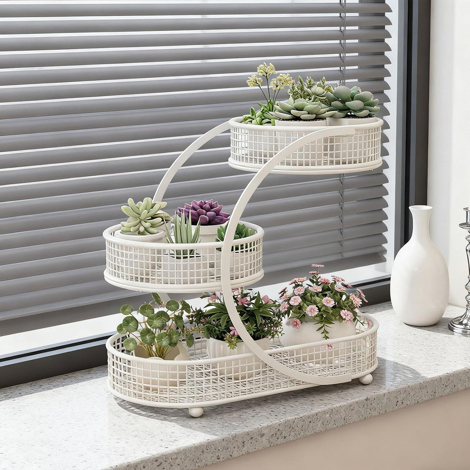 Fruit Basket Holder Organizer, 3 Tier Sturdy Iron Tiered Fruit Bowl, Decorative Storage Tray for Dining Table Bread, White