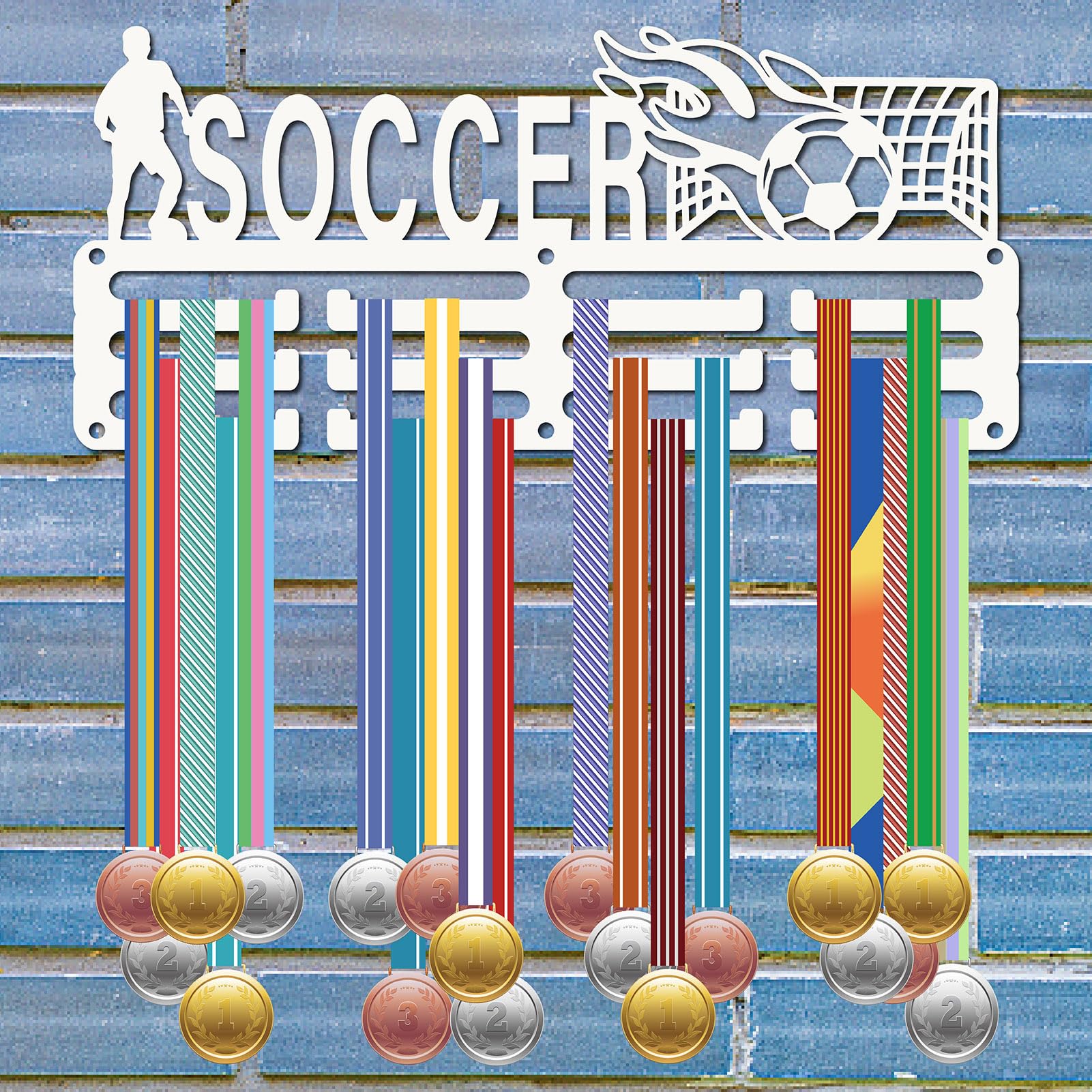 Porta Medaglie Da Calcio In Acrilico - Display Da Parete 29x13cm Con Scritta 'SOCCER' - Foto 8