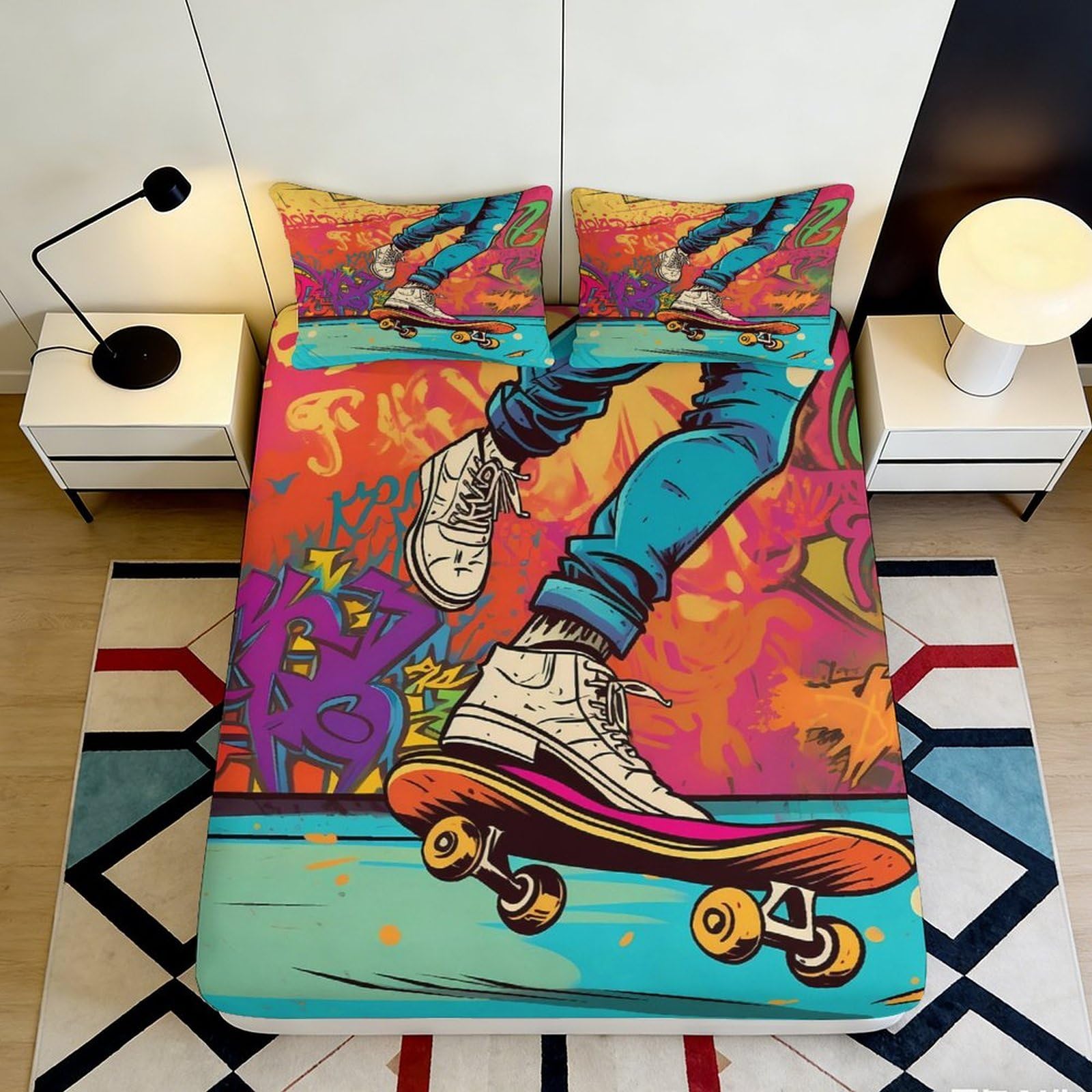 3D Printed Graffiti Skateboard Fitted Sheet Microfiber Deep Pocket Non-Slip Skate Mattress Fitted Cover for Bedroom Home 180x200x25cm