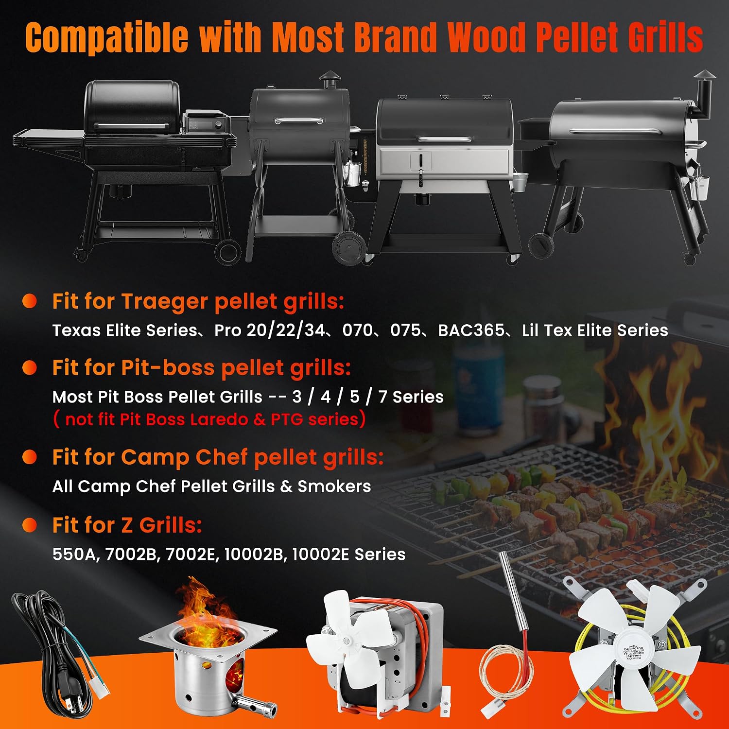 Fetechmate Grills Replacement Parts Kit Include 2.0 Auger Motor, Induction Fan, Fire Burn Pot, Hot Rod Ignitor, Power Cord Fit for Traeger, Pit Boss, Camp Chef, Z Grills & More Wood Pellet Grills