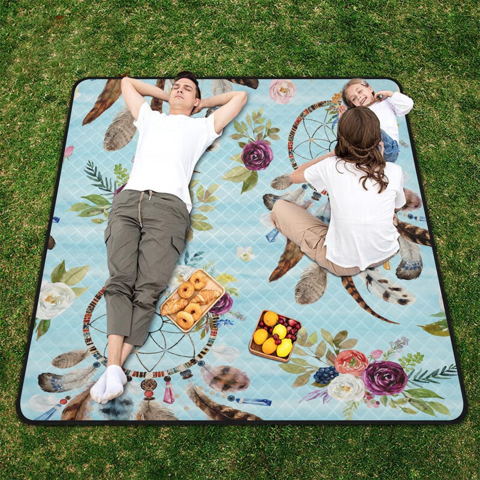 Picknickdecke, 200 x 200 cm, Feder-Traumfänger, große Picknick-Matte, wasserdicht, Stranddecke, tragbarer Outdoor-Teppich, Camping-Matte