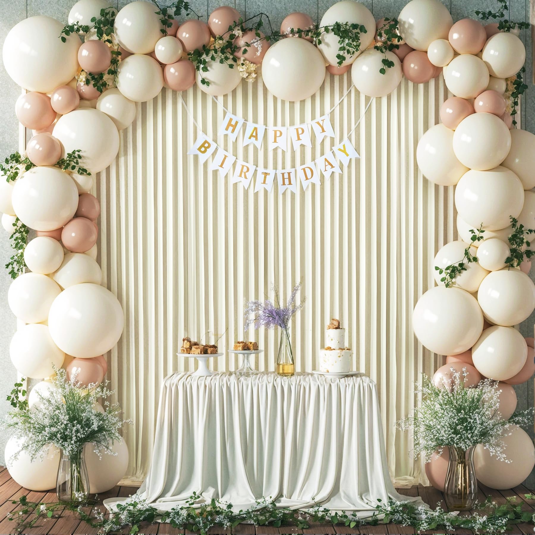 4 panele, beżowe tło, zasłona na przyjęcia weselne, bez zagnieceń, beżowe zasłony fotograficzne, tło, dekoracja, na baby shower, sesję zdjęciową, 6 m (szer.) x 3 m (wys.)