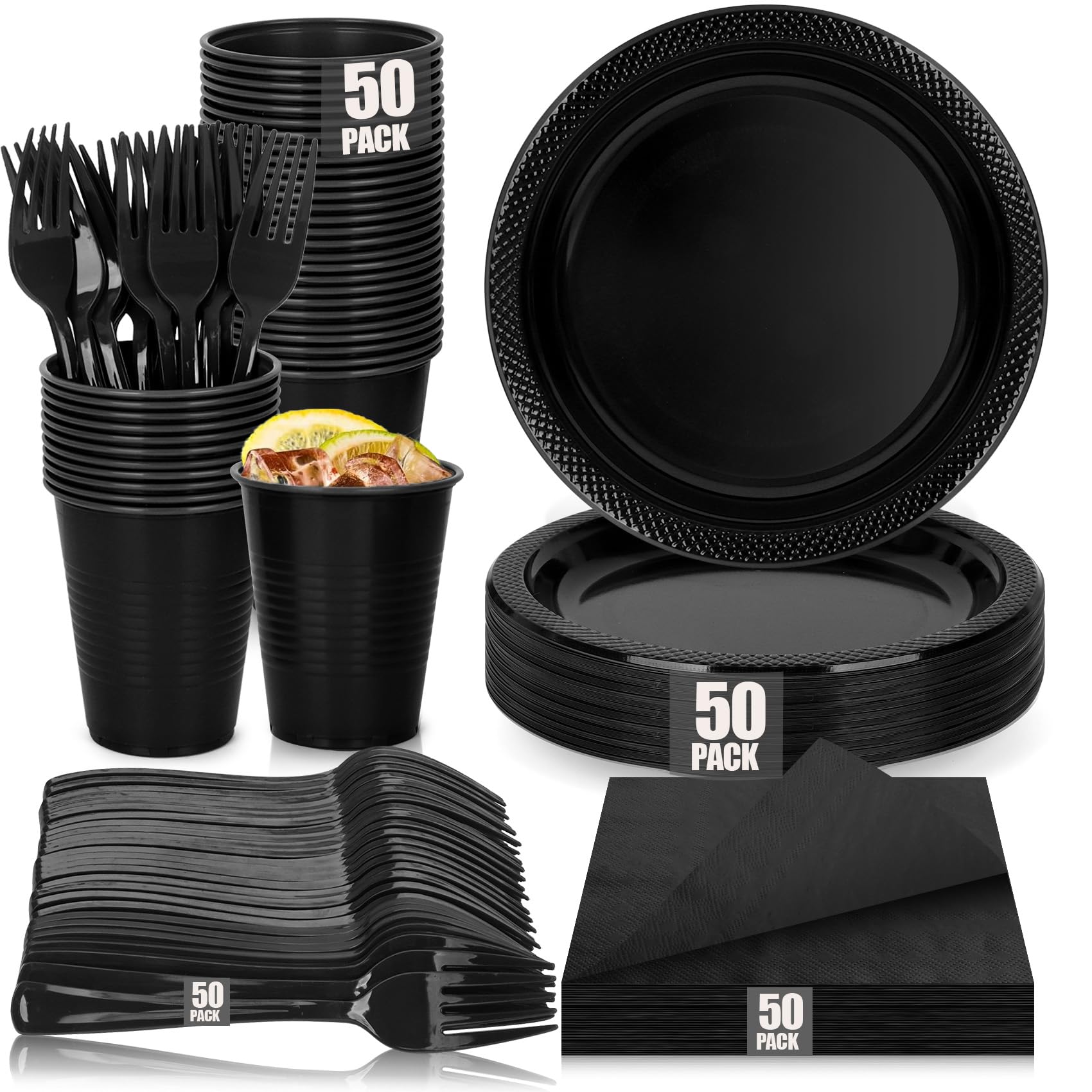 Photo 1 of 200pcs Black Plastic Party Plates Set, Disposable Black Plates and Napkins for Party, 50 Of Each 9" Dinner Plate, Napkins, Cups & Cutlery Plastic Dinnerware for Retirement, Graduation, Birthday, BBQ