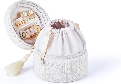 Camelia Womens High End Round Lace Jewelry Case Jewelry Travel Organizer Bag Jewelry Purse Pouch Light Blue
