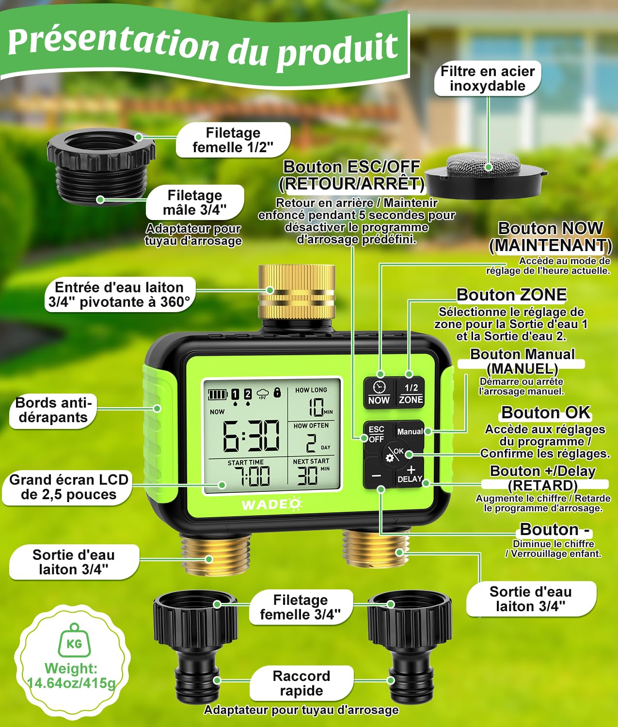 WADEO Programmateur Arrosage 2 Zones Indépendant – 2 Voies, Entrée/Sortie Laiton, Écran LCD, Modes Auto/Manuel/Délai Pluie/Verrouillage Enfant, Arrosage Automatique pour Jardin et Pelouse