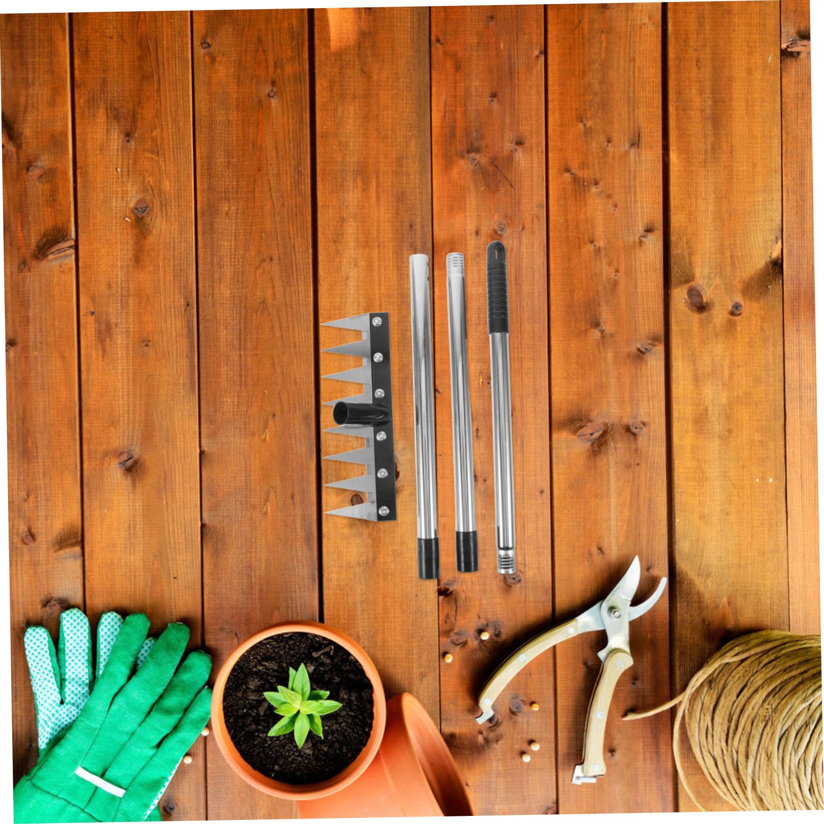 Rastrillo de Jardinería y Rastrillo de Deshierbe con 8 Dientes Mango Ajustable Desmontable Aluminio Plástico E Hierro Negro para Malezas y Residuos en Jardín y Arbustos