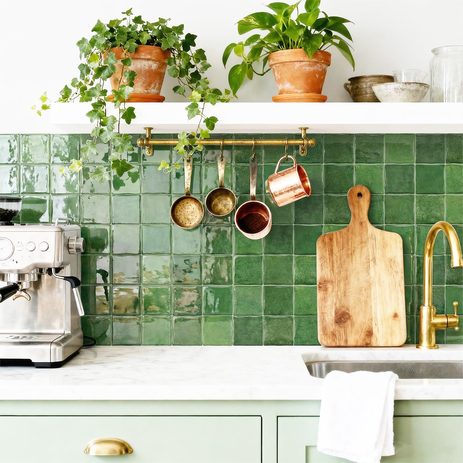 Alwayspon 15x15cmx10Pcs 3D Self Adhesive Wall Tile Sticker Transfers, Peel and Stick Adhesive Waterproof Splashback Stick on Tile Decals for Kitchen Bathroom Wall, Retro Green โ image 1