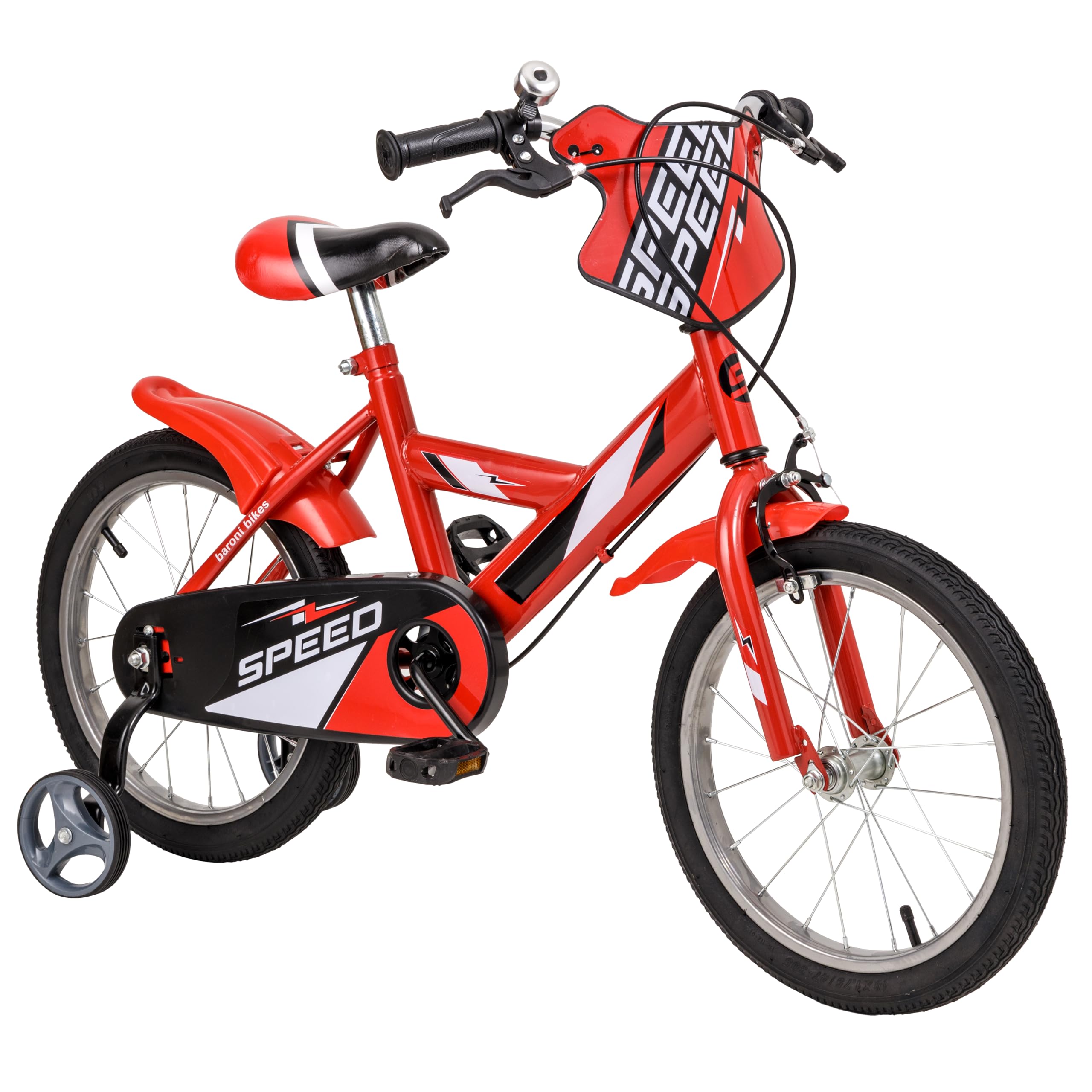 Baroni Toys Vélo rouge pour enfant avec roues incluses, vélo de sport pour enfants en acier, vélo pour enfants de 4 à 7 ans, taille 12", 14" et 16"