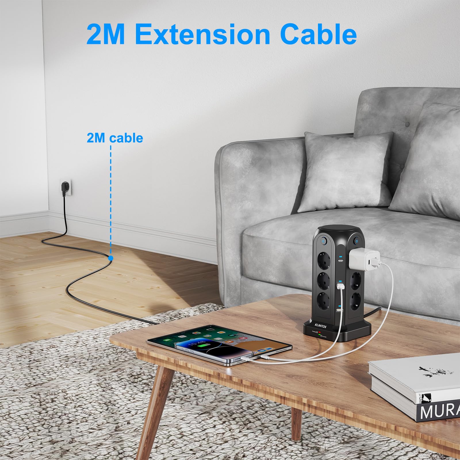 Ciabatta Multipresa, Torretta Multipresa con 12 prese e 4 USB-A & 2 USB C, Multipresa Verticale con 3 interruttori indipendenti, 1500J protezione sovratensione multipresa con cavo da 2 metri