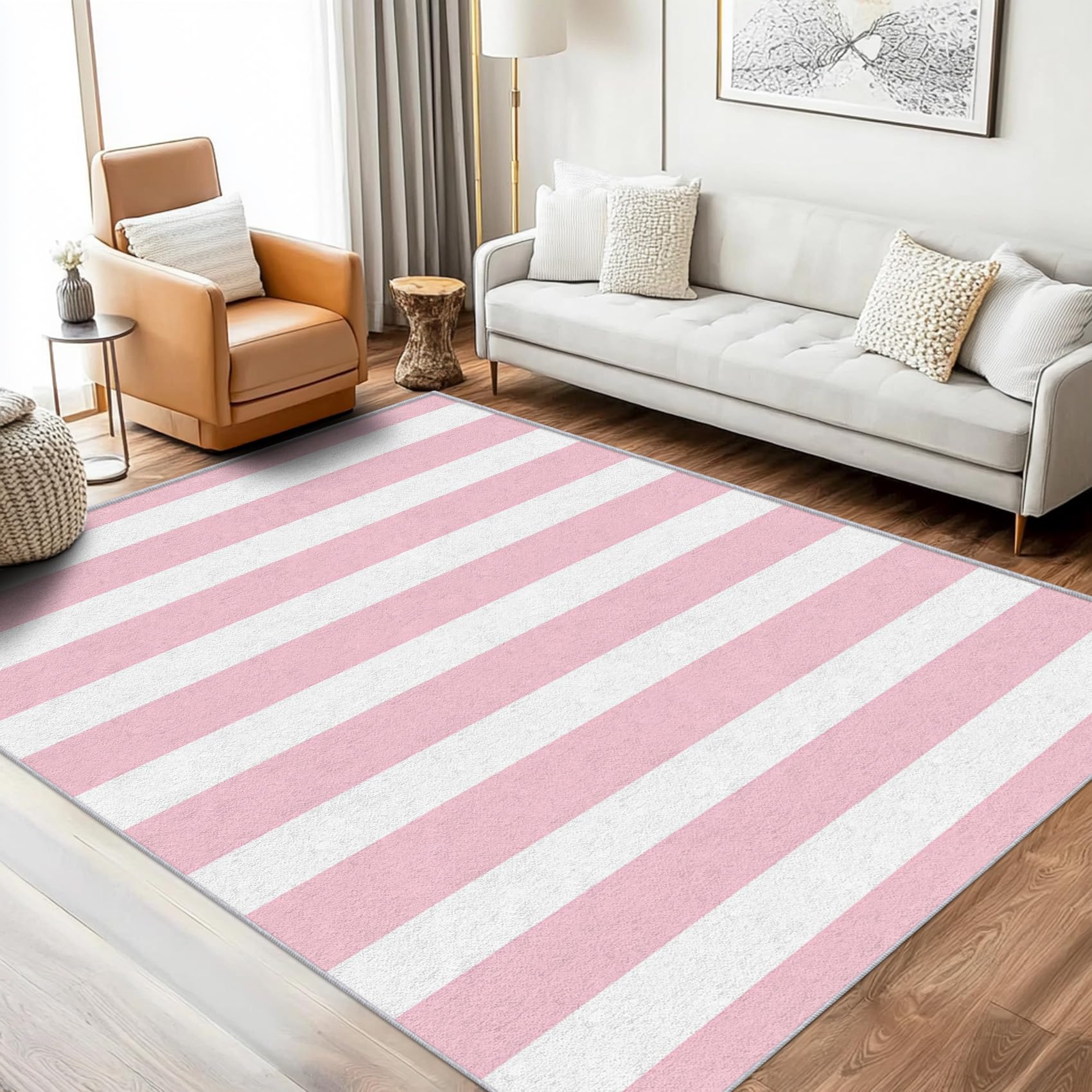 Vzdrahelia 5x7 Pink and White Striped Area Rug, Modern Minimalist Home Decor Carpet Washable, Kids Girls Rug for Bedroom, Living Room, Striped Gift