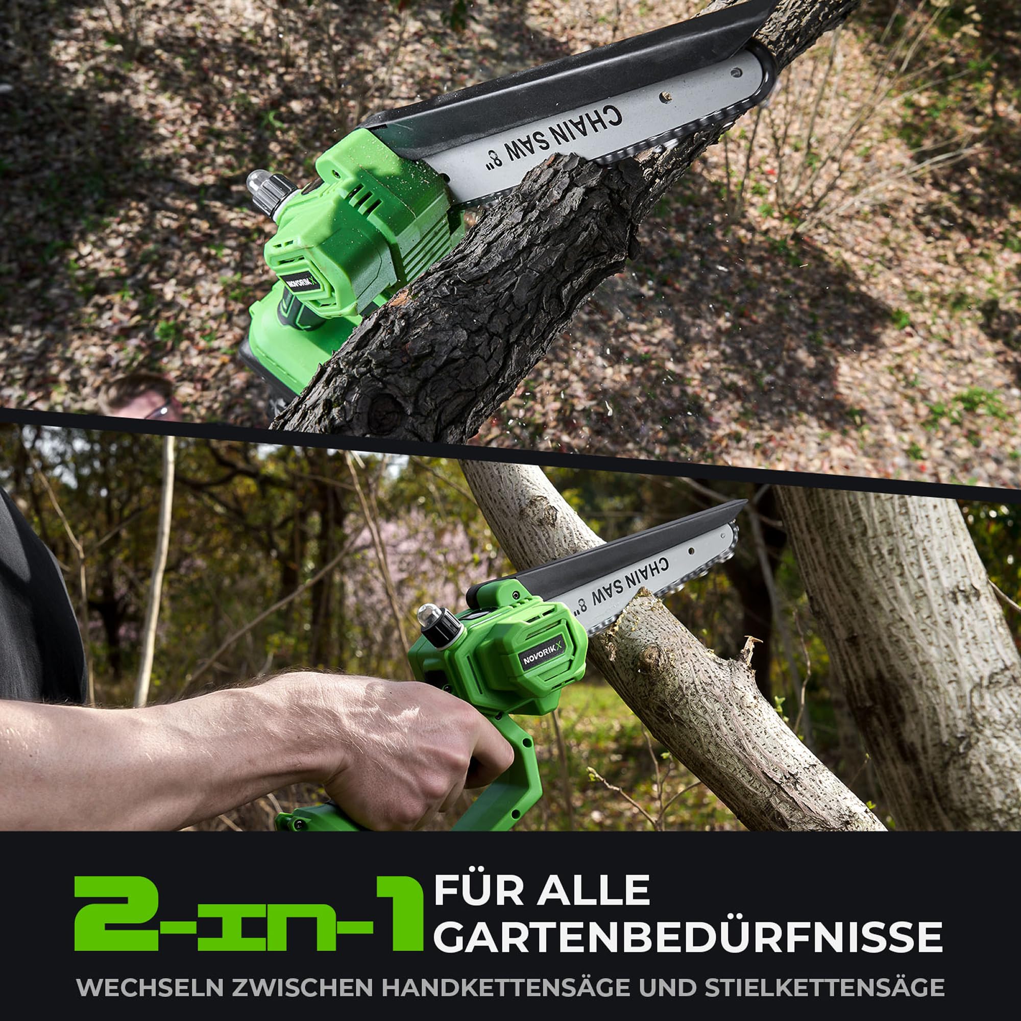 NovorikX 2-in-1 Akku Hochentaster & Kettensäge 20V - Bürstenloser Motor 8 Zoll Astsäge mit 3m Teleskopstiel, 3Ah Akku, Arbeitshöhe bis 4,57m, Teleskop-Kettensäge Set inkl. Schutzausrüstung