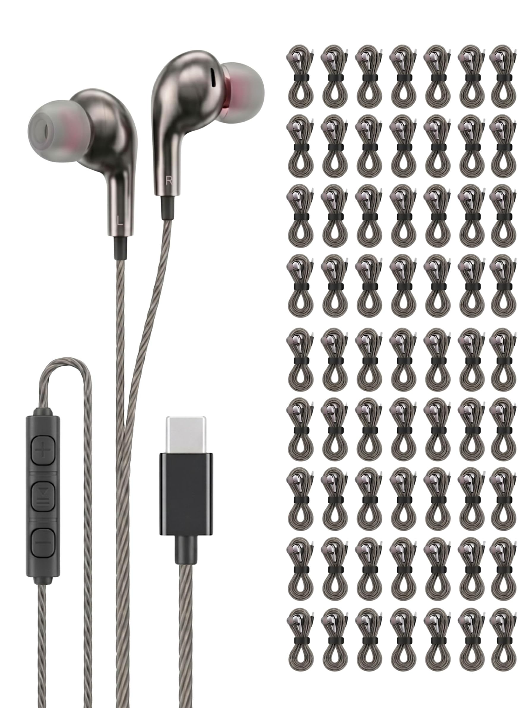 Chrome [Paquete de 100] Auriculares USB C envueltos individualmente, auriculares con cable para iPhone 17, 16, 15 Pro Max, auriculares USB C con micrófono y control de volumen, tipo C para Samsung