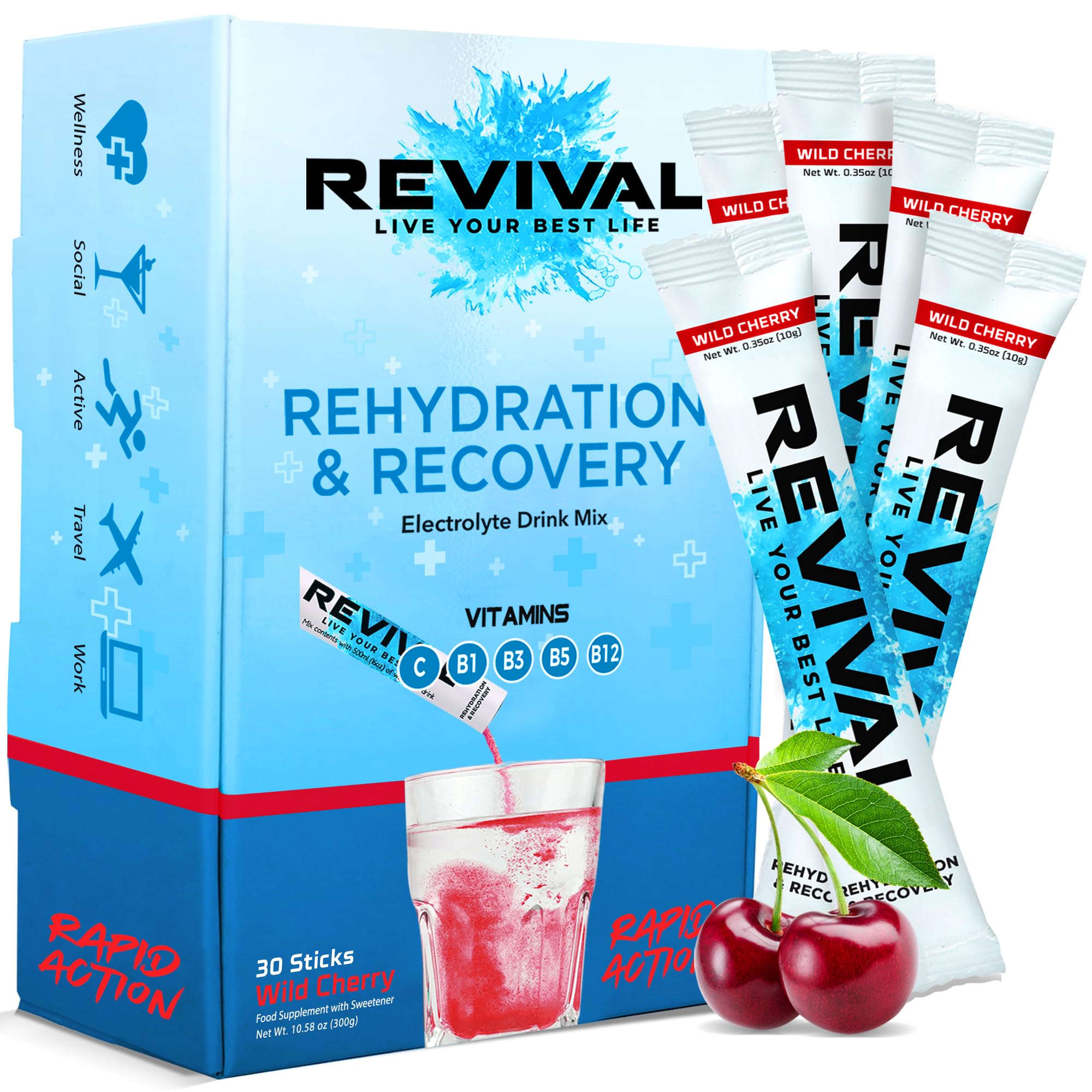 Revival Rapid Rehydration Electrolytes Powder - High Strength Vitamin C, B1, B3, B5, B12 Supplement Sachet Drink, Effervescent Electrolyte Hydration Tablets - 30 Pack Cherry