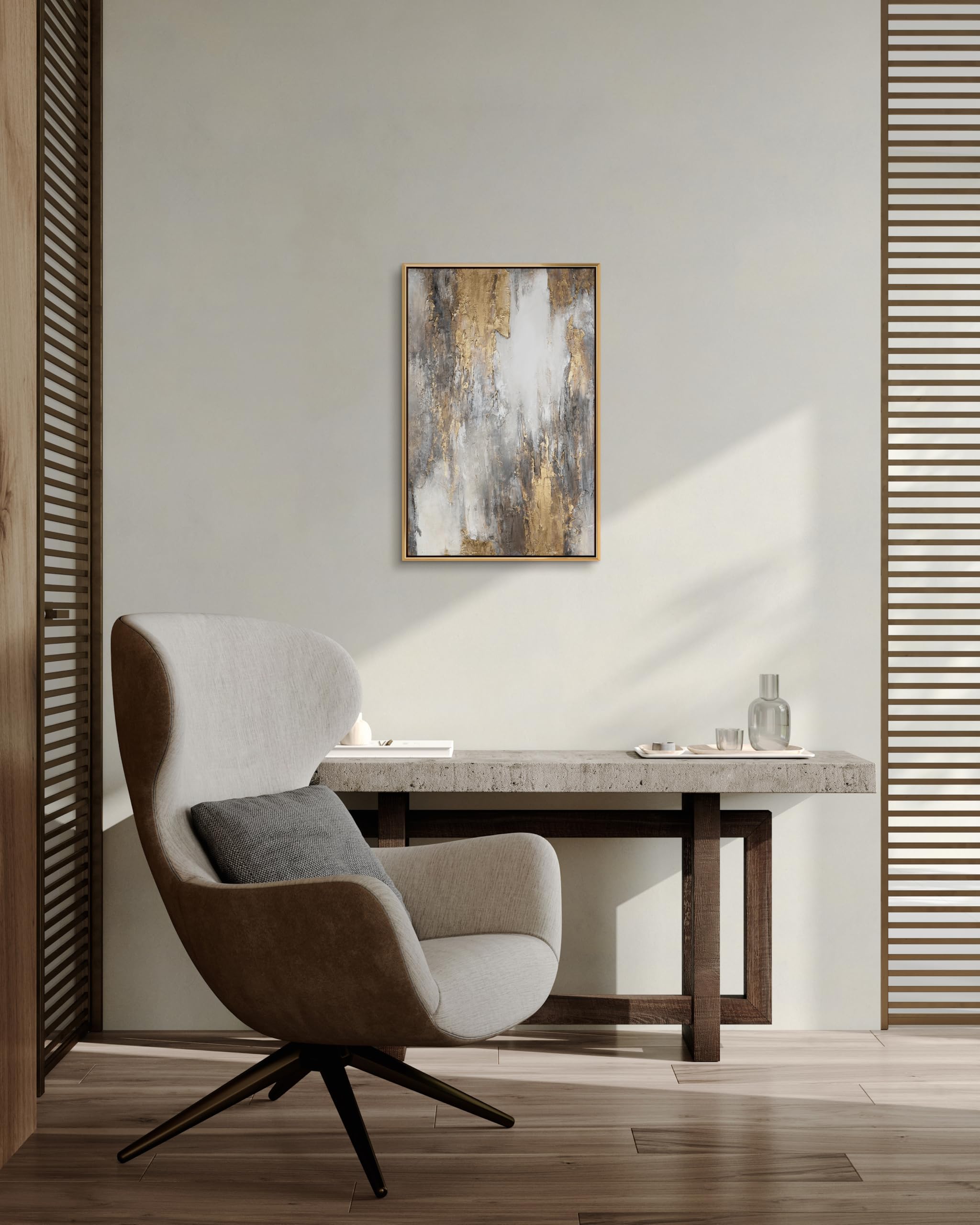 YS Quadro Astratto Oro Grigio su Tela | Pittura Espressiva con Colate | Ocra Bianco Terra d'Ombra Verticale | 40x60 cm Incorniciato | Soggiorno, Corridoio
