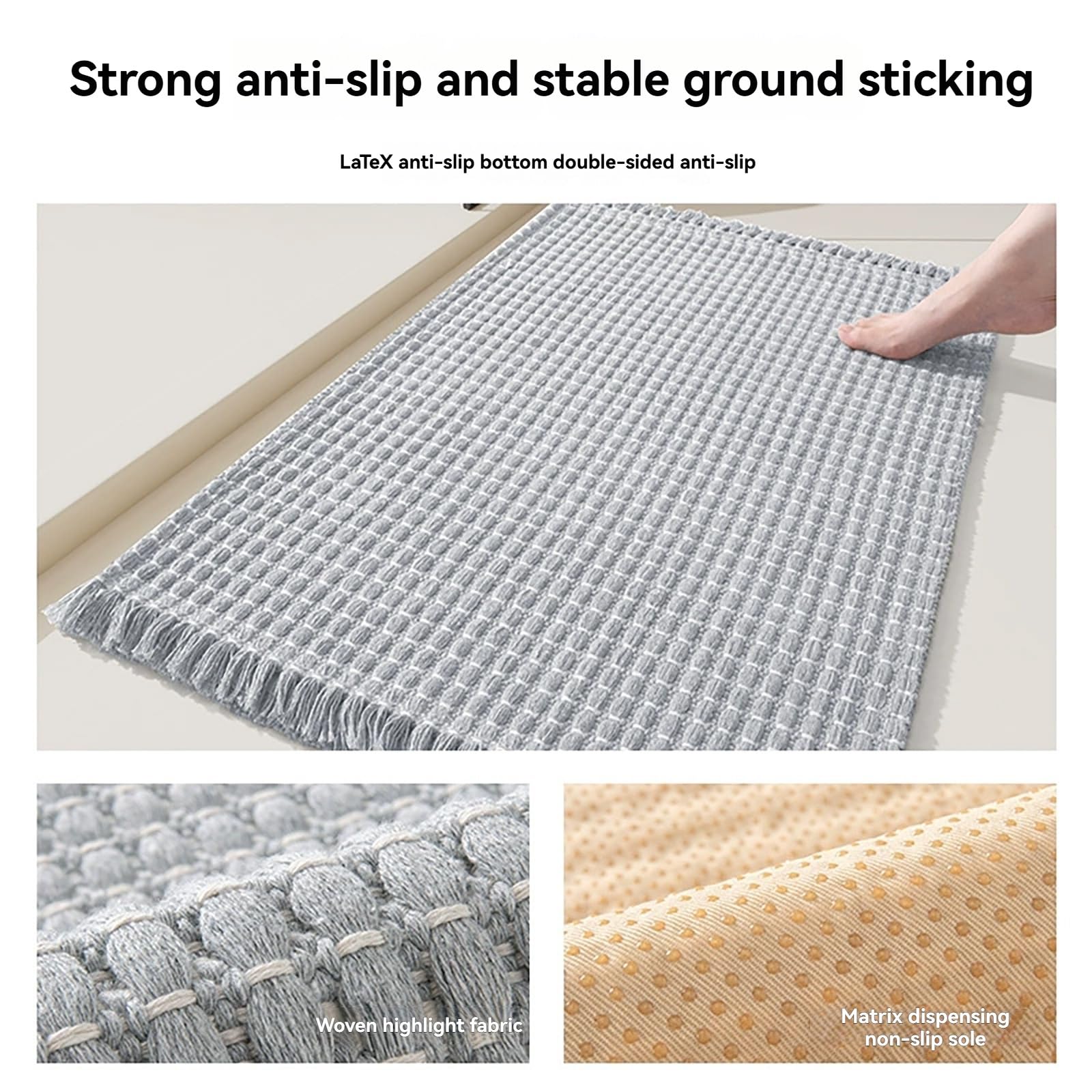 Tappeto da bagno spesso intrecciato, resistente, lavabile, antiscivolo, in cotone, con nappe decorative (beige, 60 x 90 cm), ideale per l'arredamento della casa e la sicurezza