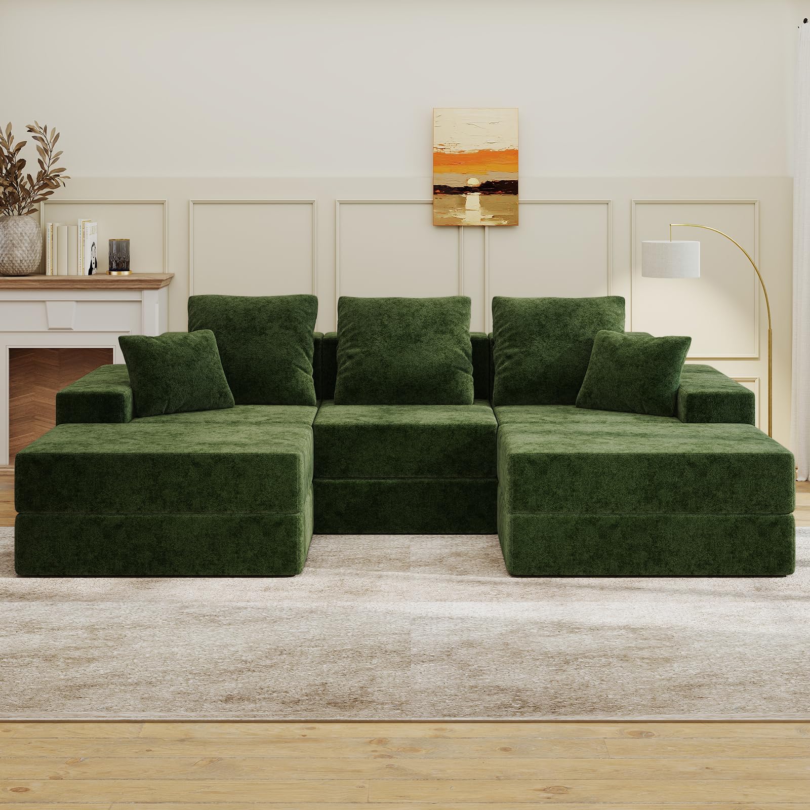 Living&Giving（WALKBON） Living&Giving 101" U-Shaped Cloud Sectional Couch for Living Room, Cloud Boneless Couch-No Assembly with Reversible Chaise, Customizable 3-Seat Modular Sectional Sofa with 2 Ottoman, Green