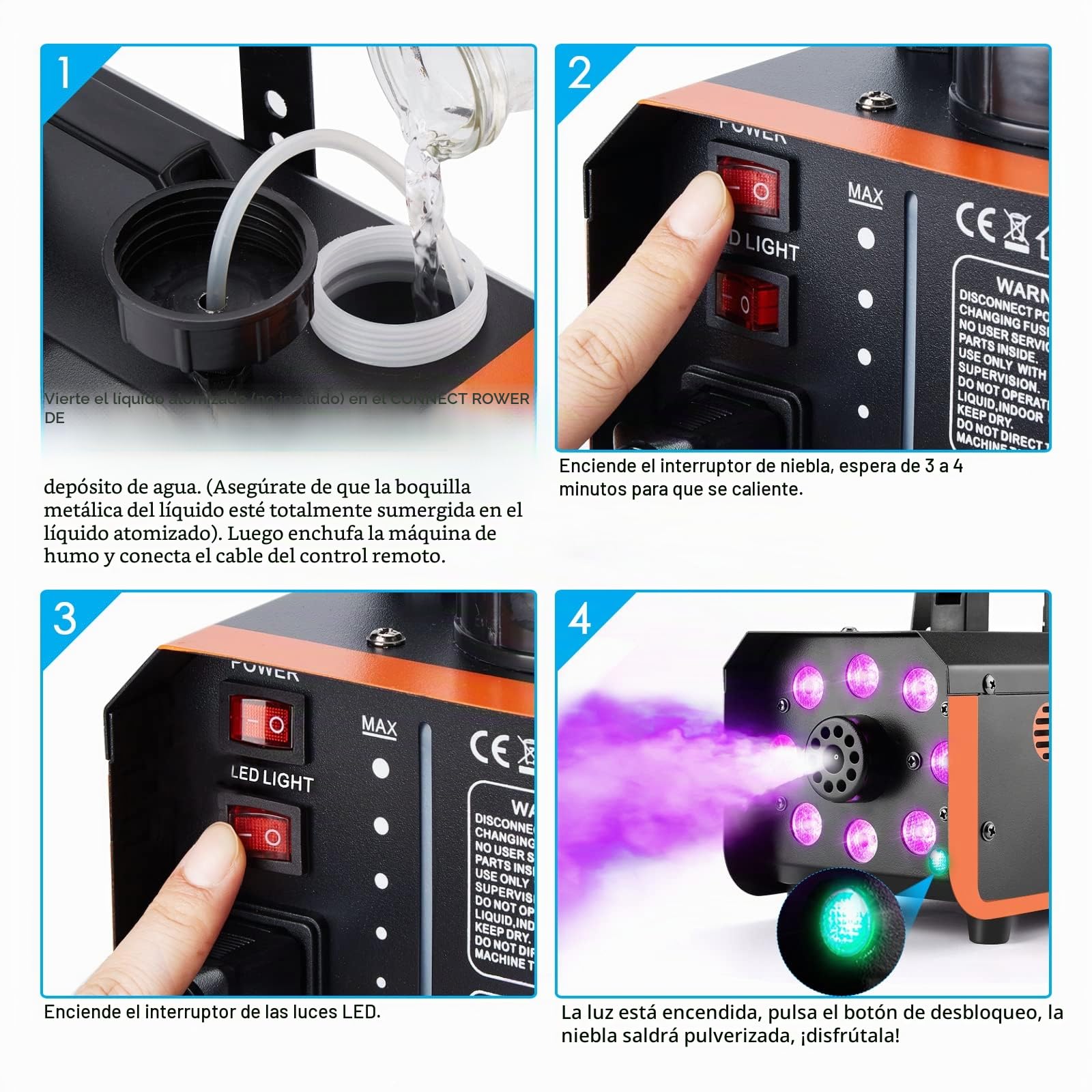 HAKUTA Máquina de Humo a Prueba de Lluvia, 8 LED con 4 Efectos para Fiestas | Resistente a Salpicaduras, Luces y Humo Control Independiente, 2 Mandos, 13 Colores, 300ml, para Bodas/Halloween/DJ