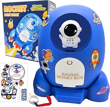 Rocket Ship Piggy Bank for Boys Money Safe Astronaut Piggy Banks for Kids Cash Coin Can ATM Bank Coin Money Bank for Kids with Key Astronaut Sticker Practical Gifts for Children Boys and Girls (Blue)