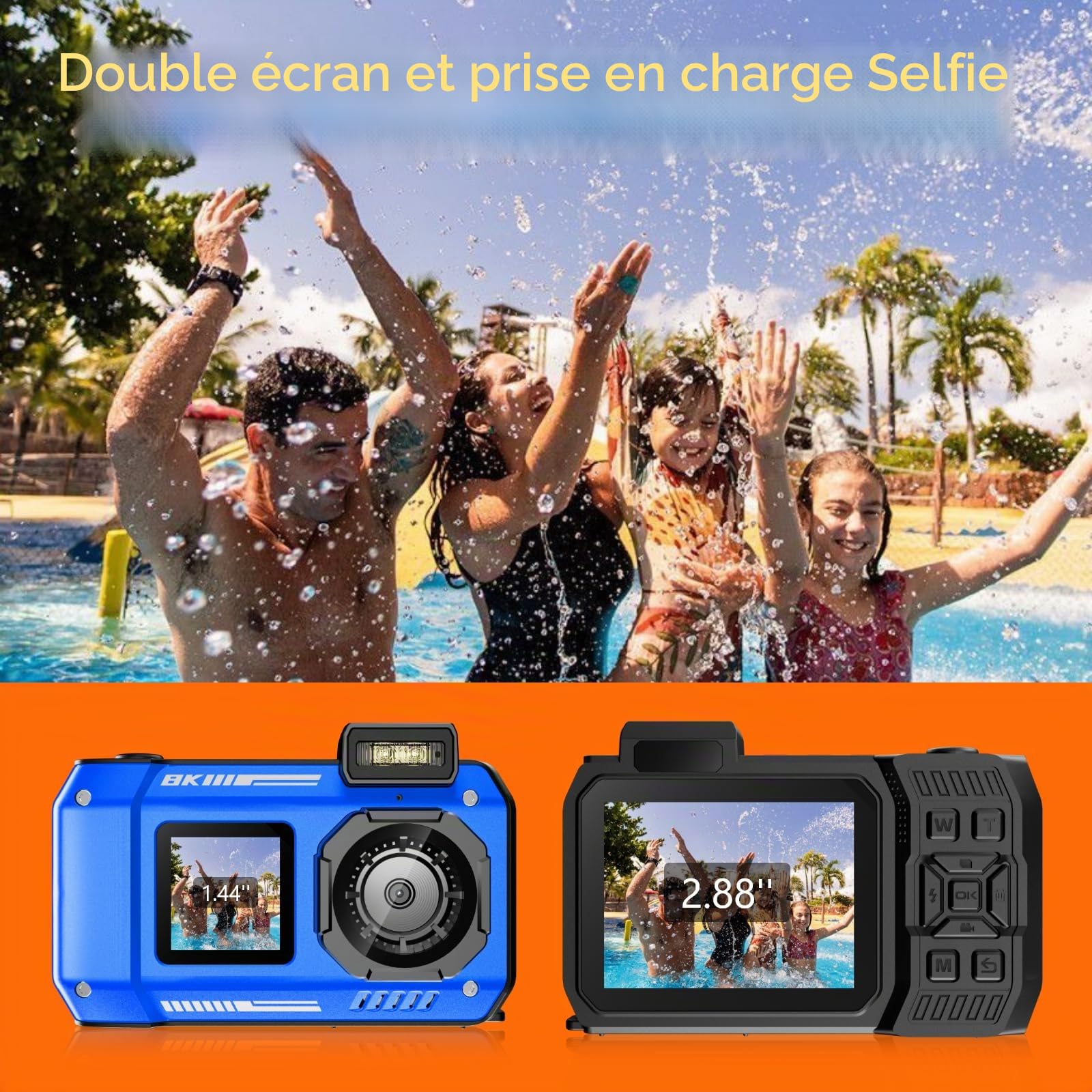MaxMango D50 8K 70MP Appareil Photo Etanche，33FT Camera Etanche avec 64 Go de Stockage, Double écran 18x, Résistante à la Poussière et Aux Chocs, Autofocus