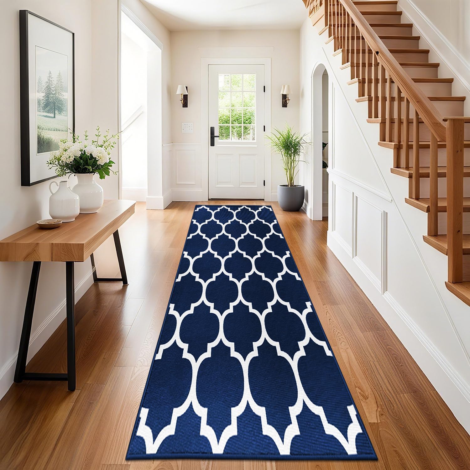 Hafaa Carpet Runners for Living room Navy Blue Runner Rugs for Hallway Non-Slip long 80 x 300 cm – Trellis Pattern Modern Low Pile Bedroom Carpet (AVA NAVY)