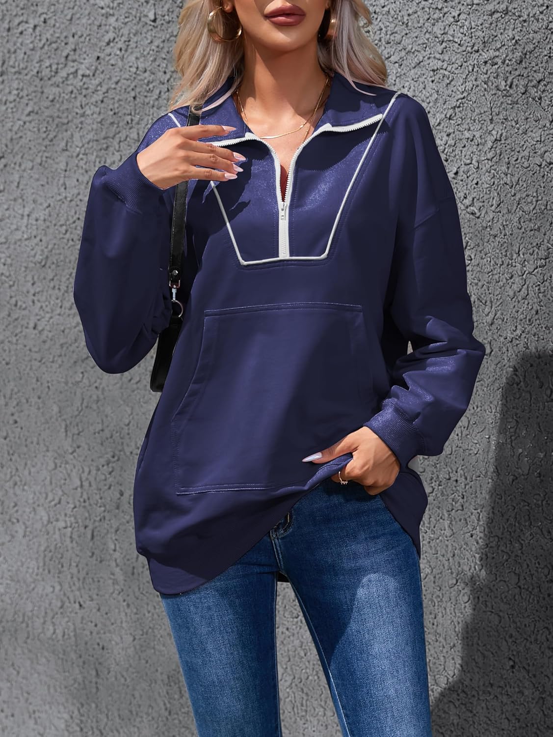 Famulily Cute Half Zipper Lapel Collar Pullover Tops Casual Drop Shoulder Contrast Color Line Sweatshirt with Kangaroo Pocket - Image 3