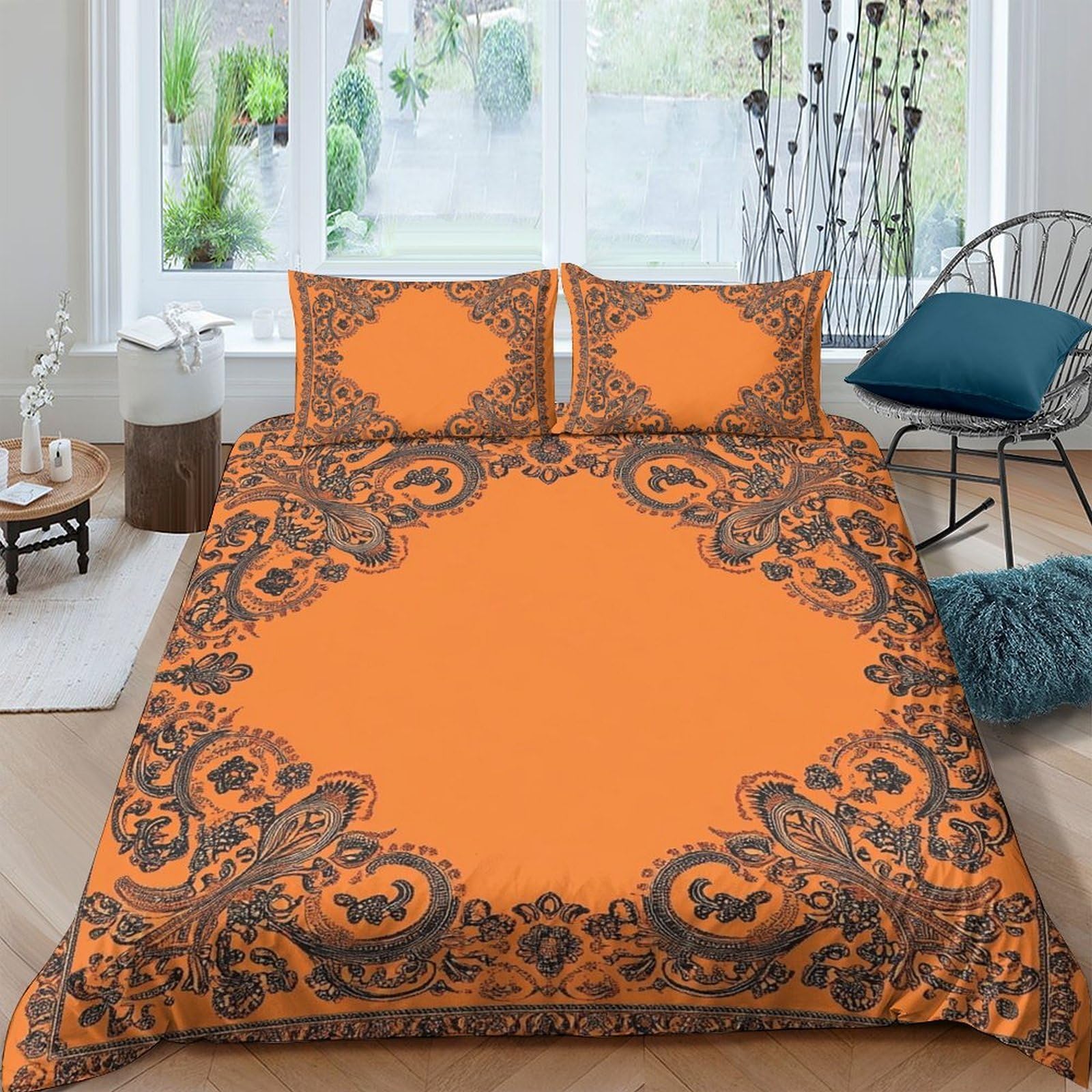 GPLZQXKJNH 3D Printed Baroque Ornate Pattern Duvet Cover Microfiber Orange Bedding Set with 2 Pillowcases for Bedroom Decor Single（135x200cm）