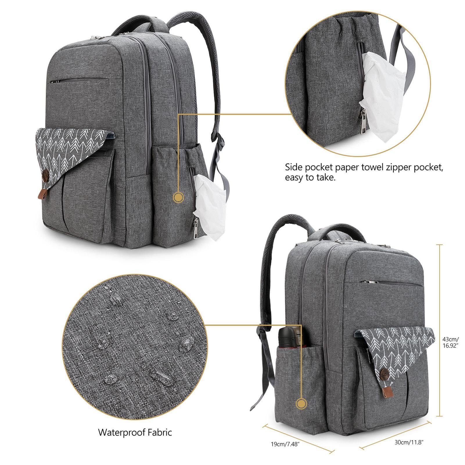 Bolso cambiador para mujer, mochila grande para pañales, mochila de doble capa, bolsa de viaje impermeable de gran capacidad y puerto de carga multifuncional