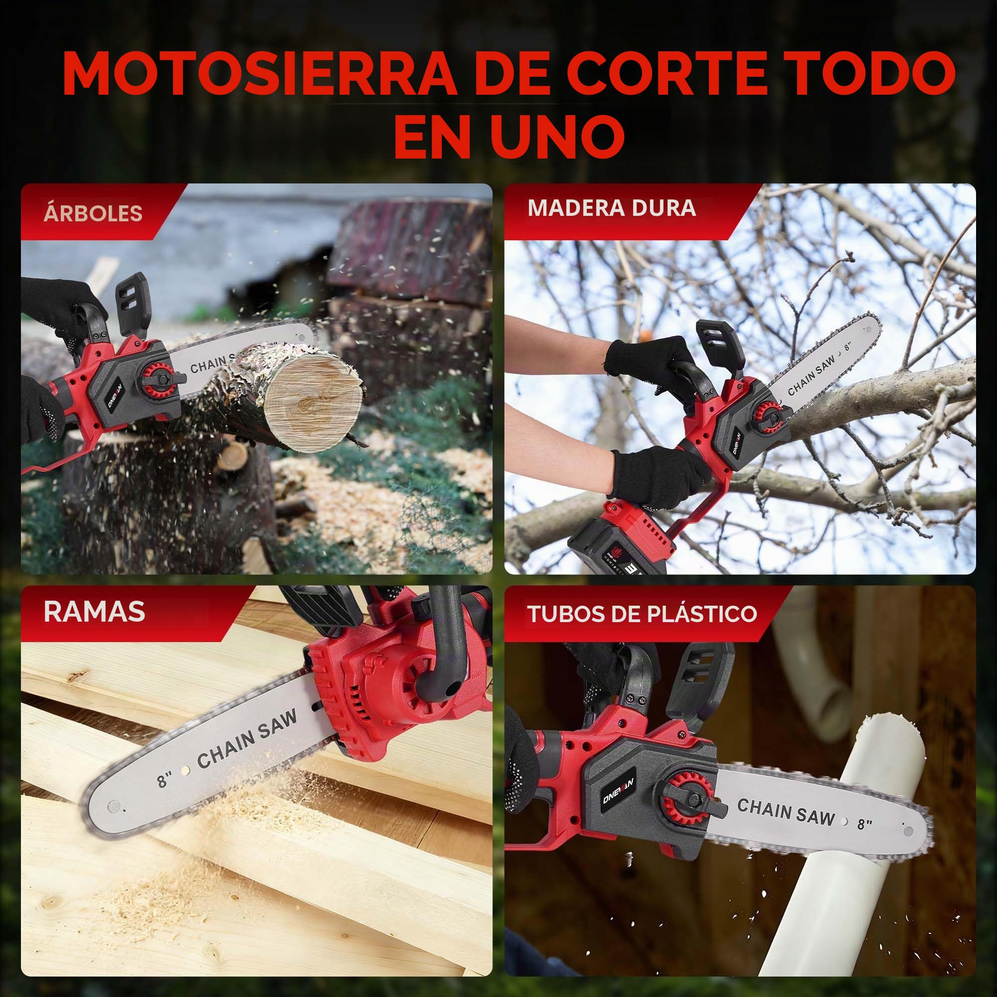 ONEVAN Motosierra inalámbrica, 8 y 10 pulgadas, lubricación automática | Con 2x 3.0Ah baterías, diámetro de corte 20 cm, velocidad de corte 10m/s, sustitución de la espada sin herramientas