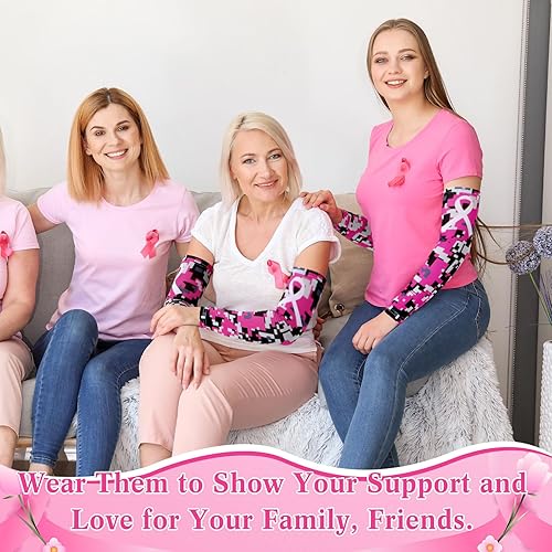 Miniatura 10 de Zhehao 18 pares de mangas de concientización sobre el cáncer de mama, mangas de compresión para brazos con cinta rosa, mangas de compresión para