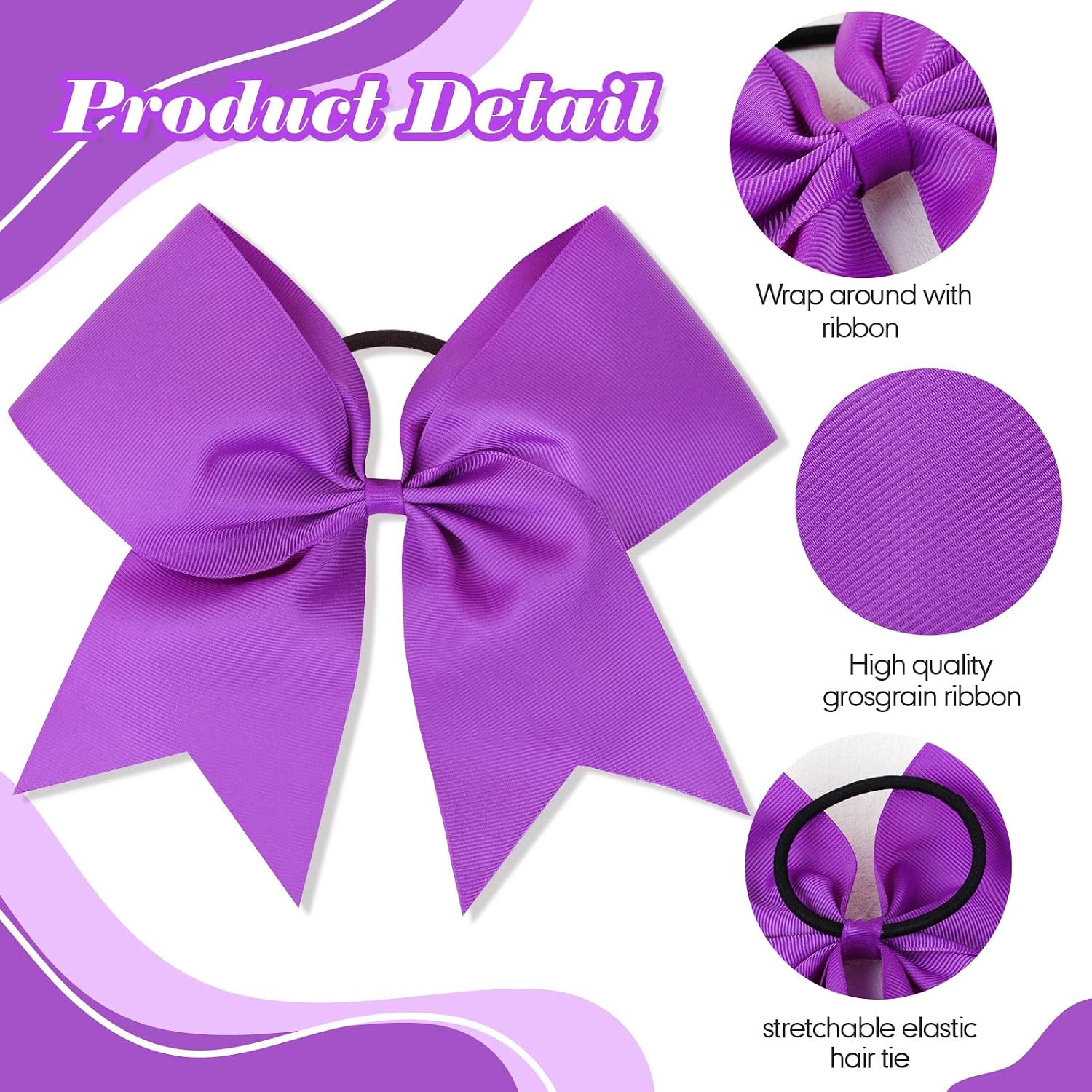 CN 30PCS 8" Large Cheer Bows, Cheerleading Bows Ponytail Holder for Girls, Grosgrain Ribbon Purple Cheer Hair Bows with Elastic Hair Tie for Cheerleader College Sports Softball Competition