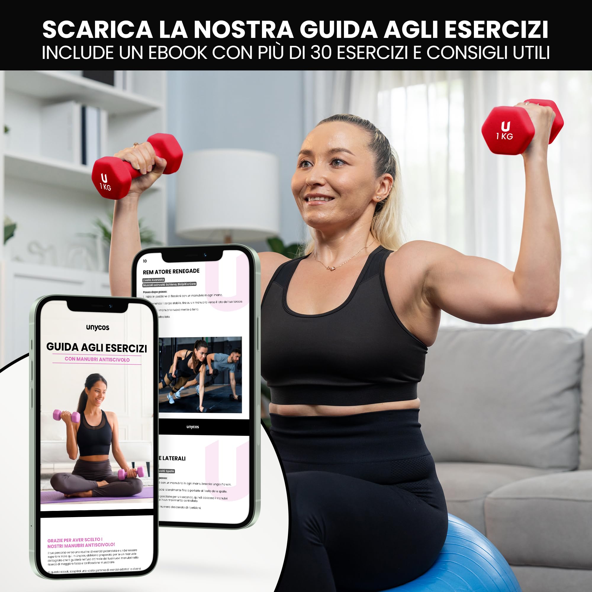 unycos - Coppia di Manubri【Ghisa/Neoprene】Esagonale da 1-10 kg, Set di Pesi Antiscivolo per Uomini/Donne, Palestra in Casa, Fitness, Allenamento della Forza, Include E-Book con 30 Esercizi