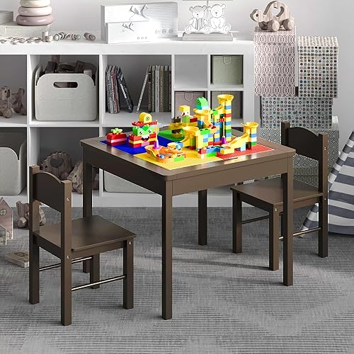 4NM Juego de mesa de juego 3 en 1 para niños y 2 sillas con almacenamiento, compatible con Lego y Duplo Bricks, mesa de madera para niños pequeños, disponible en Yaxa Peru