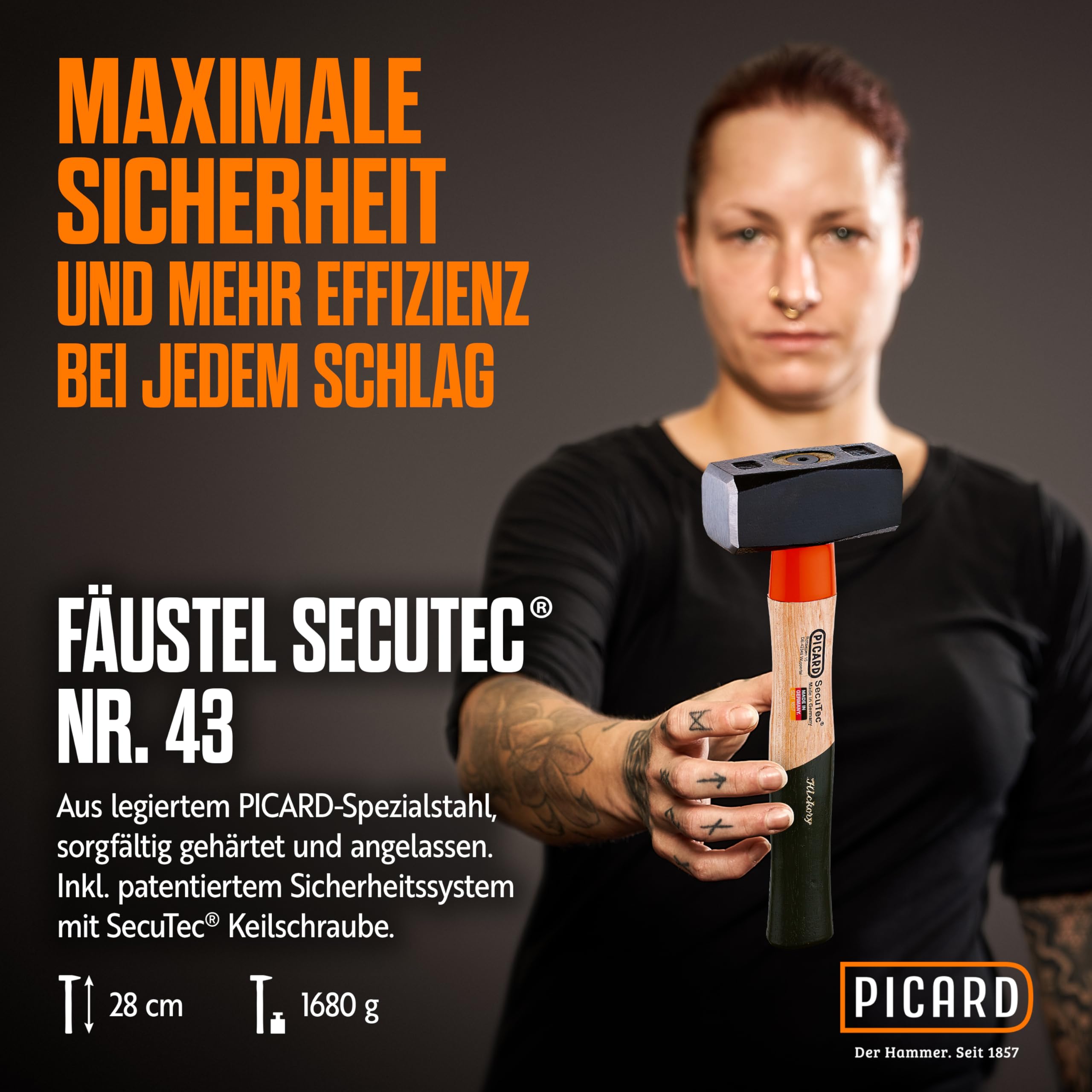 PICARD Fäustel SecuTec Nr. 43 HS 1500g | 280mm Länge | Sicherheitssystem mit Keilschraube | Robuster Hickorystiel | DIN 6475 | Ideal für Werkstatt & Industrie | Made in Germany seit 1857