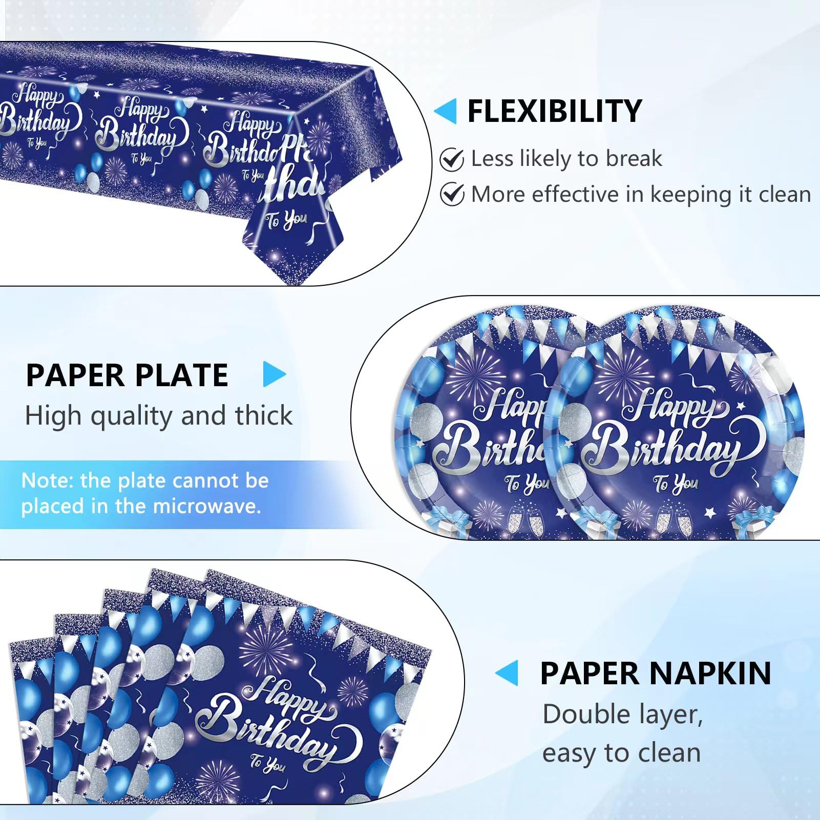 41 piezas de decoraciones de feliz cumpleaños azul marino para hombres y mujeres, platos y servilletas de feliz cumpleaños, suministros de fiesta para 20 invitados, mantel azul de feliz cumpleaños