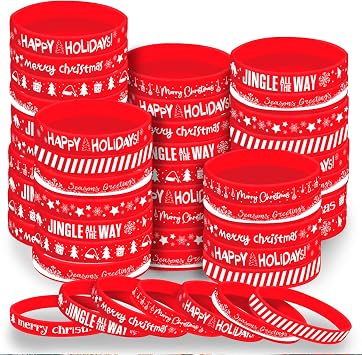 Morcheiong 42 Pieces Christmas Rubber Bracelets 7 Classic Design Silicone Wristbands for Merry Xmas Party Favors Red