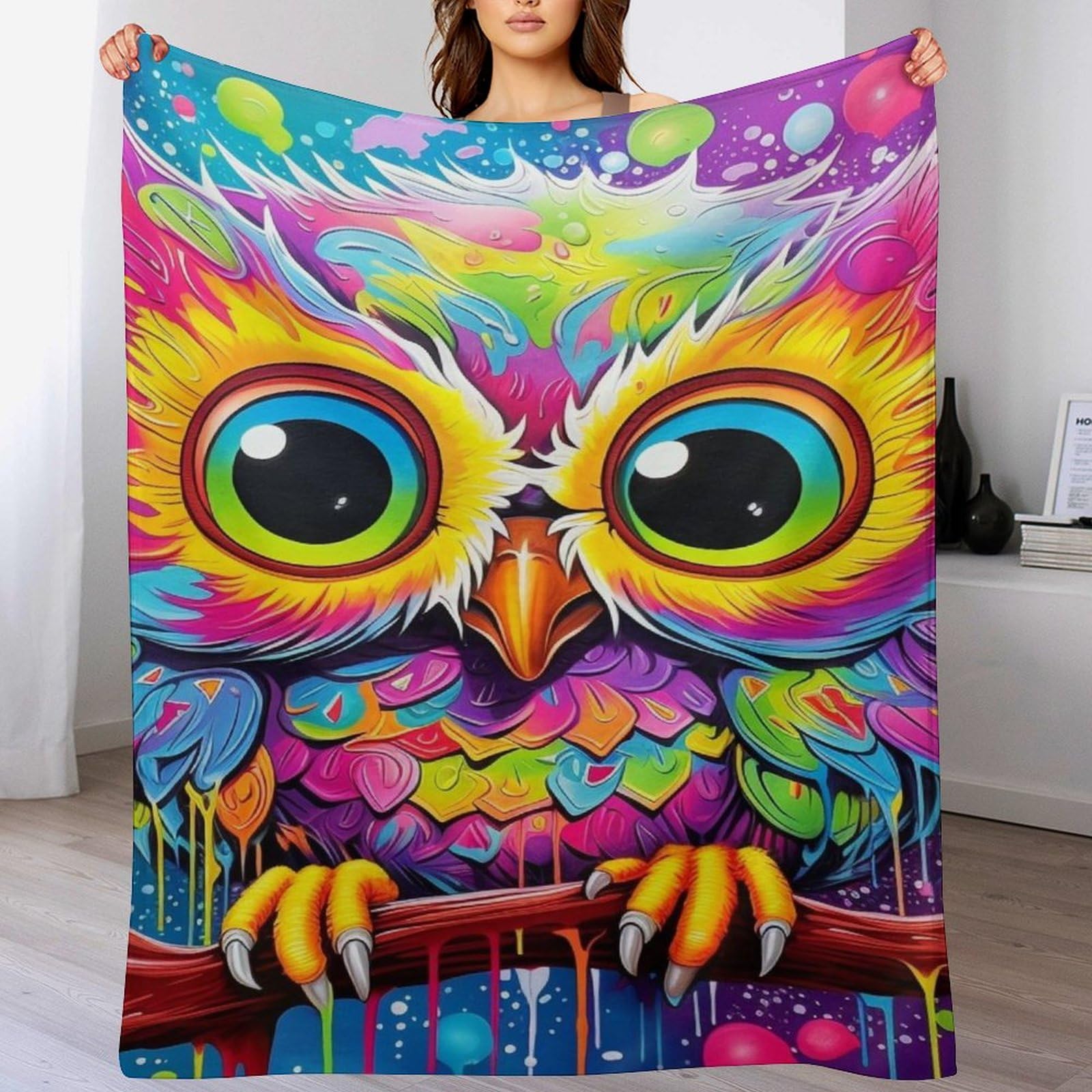 Couverture jeté flannel hibou anti-froid pour canapé et sieste confortable