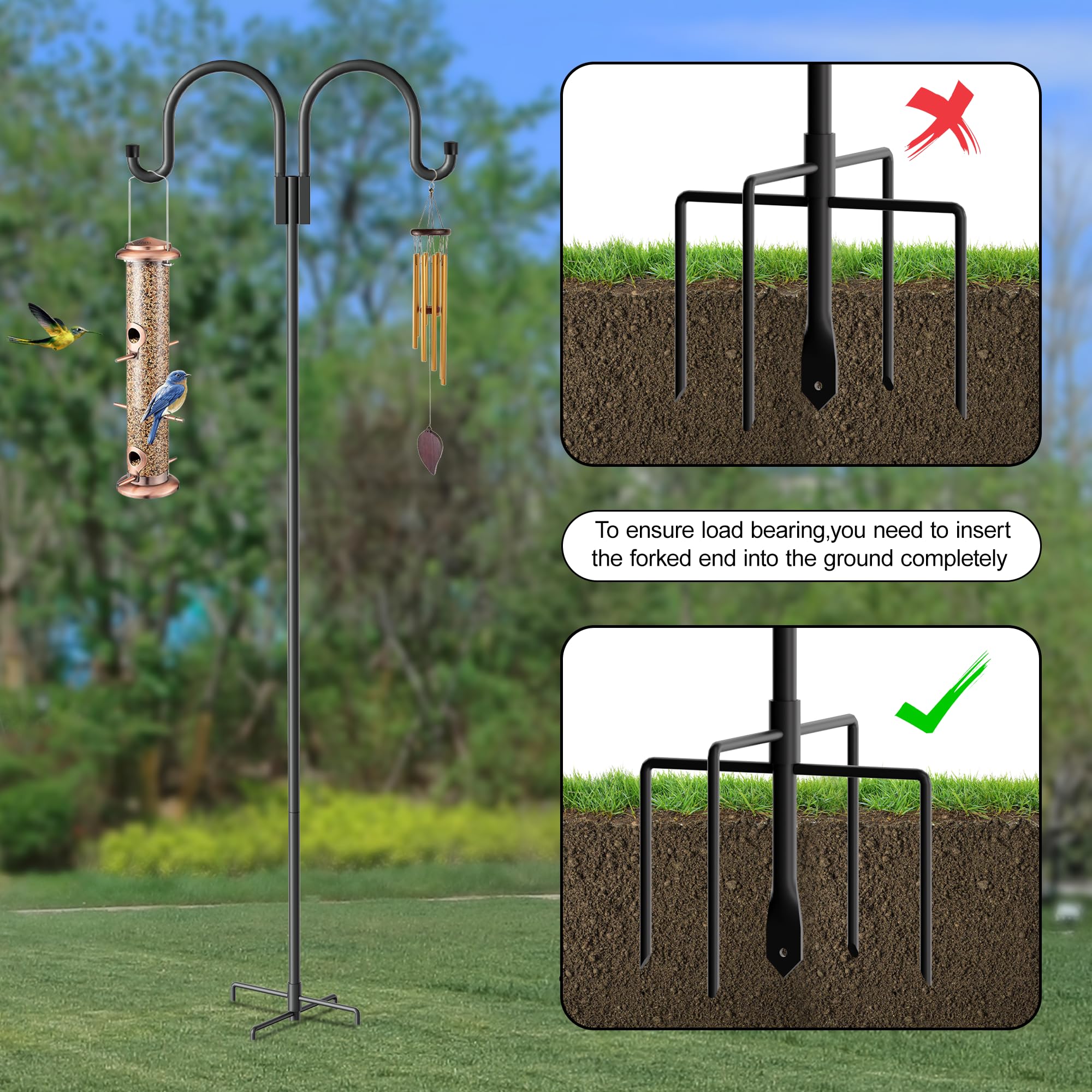 Highpro 63 Inch Double Shepherd Hooks - Heavy Duty Bird Feeder Pole With 5-Prong Base