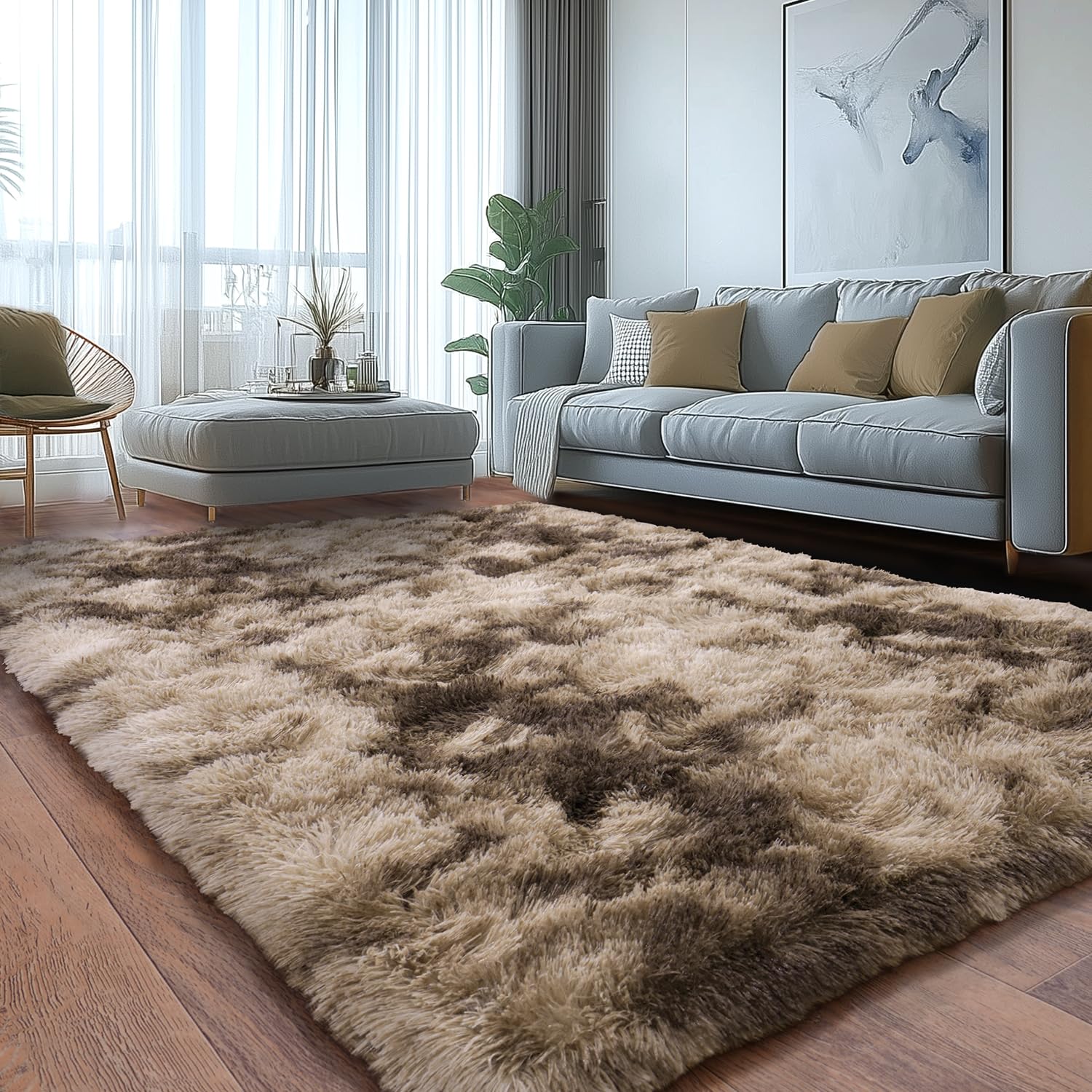 Soft Shaggy Rugs Fluffy Rug, Plush Area Rugs for Living Room Nursery Home Decor, Tie-Dyed Brown Anti-Skid Rectangular Fuzzy Rug 5x7 Feet