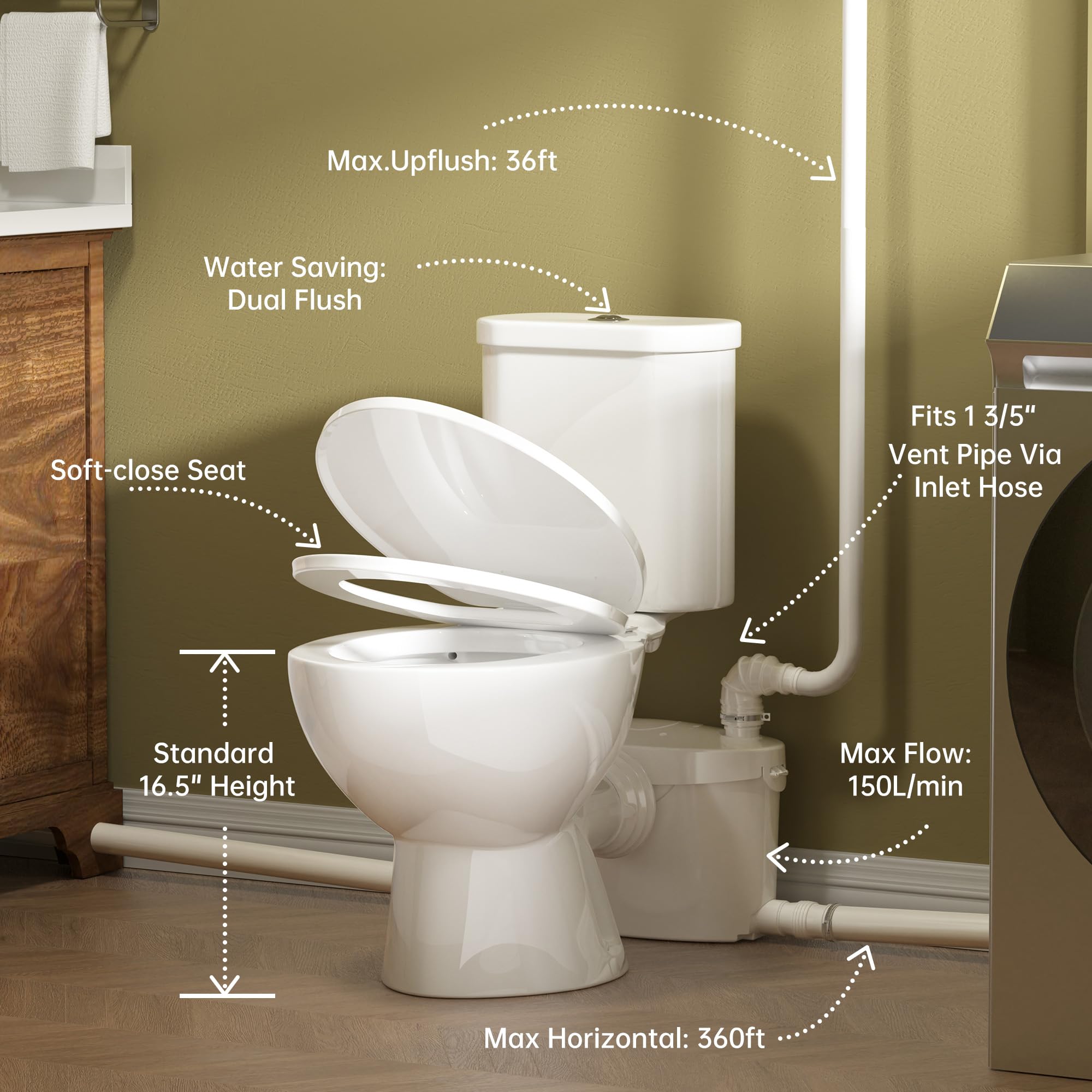 SUPERFLO 750W Macerating Toilet System - Powerful & Quiet, Upflush Toilet for Basement with 4 Water Inlet for Basements & Garage, Macerator Toilet Pump System - Easy Installation