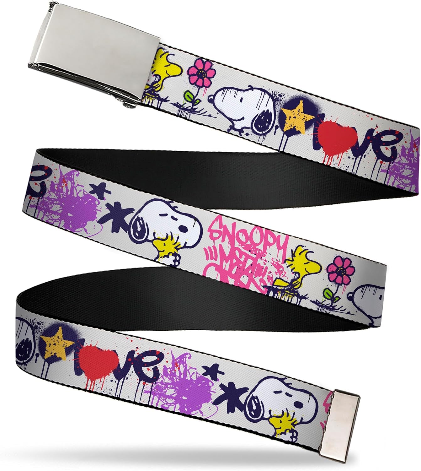 Adjustable Belt, Clamp Buckle, Cut-to-Fit, Peanuts Snoopy and Woodstock Graffiti Collage Multi Color