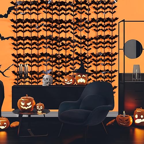 Miniatura 6 de LOLStar Decoración de fiesta de Halloween, paquete de 4 accesorios de cabina de fotos de murciélago negro, cortinas de flecos de aluminio de 3.3 x