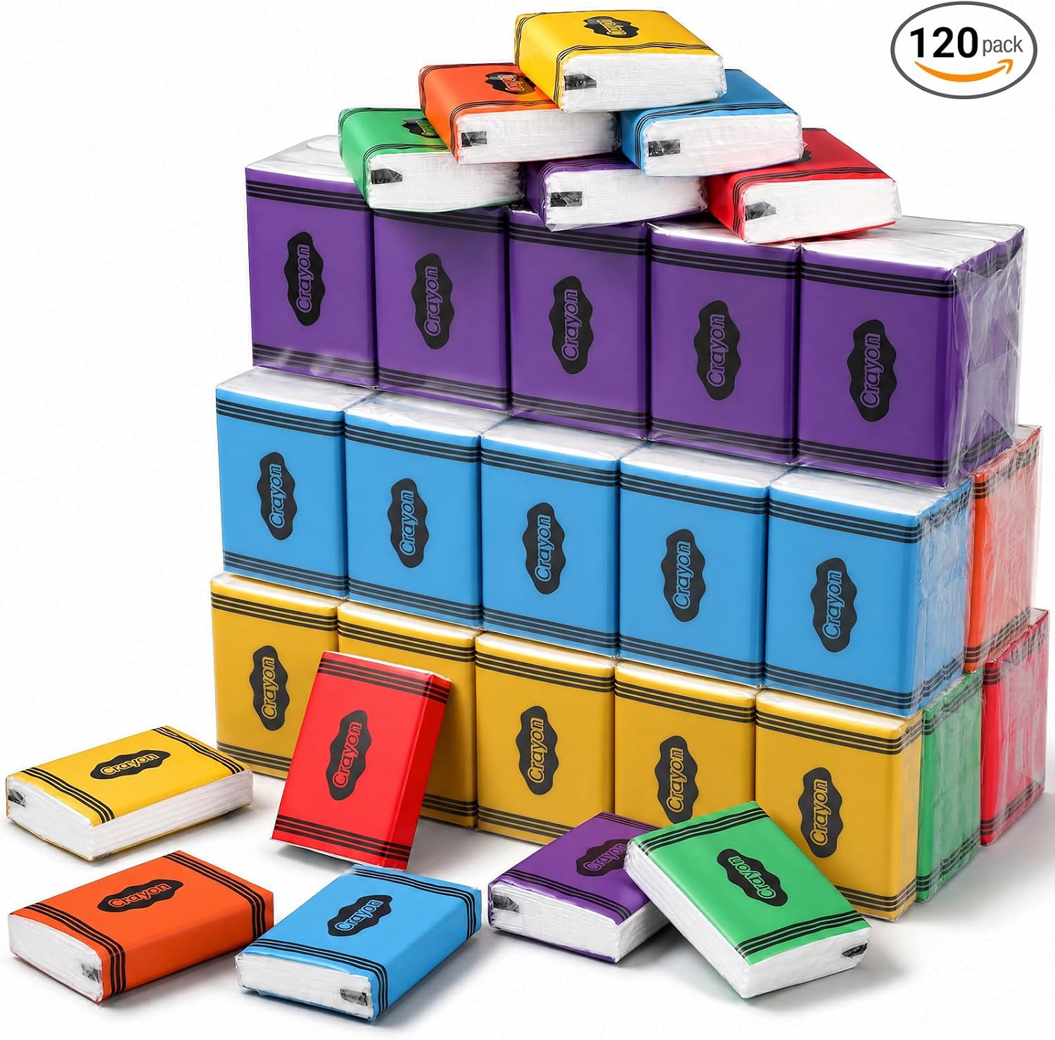 120 Pack Teacher Appreciation Gifts Pocket Tissues Travel Packs Bulk Back to School 3 Ply Small Pocket Facial Tissue Mini Travel Size for Classroom Graduation Party Supply(Crayon)