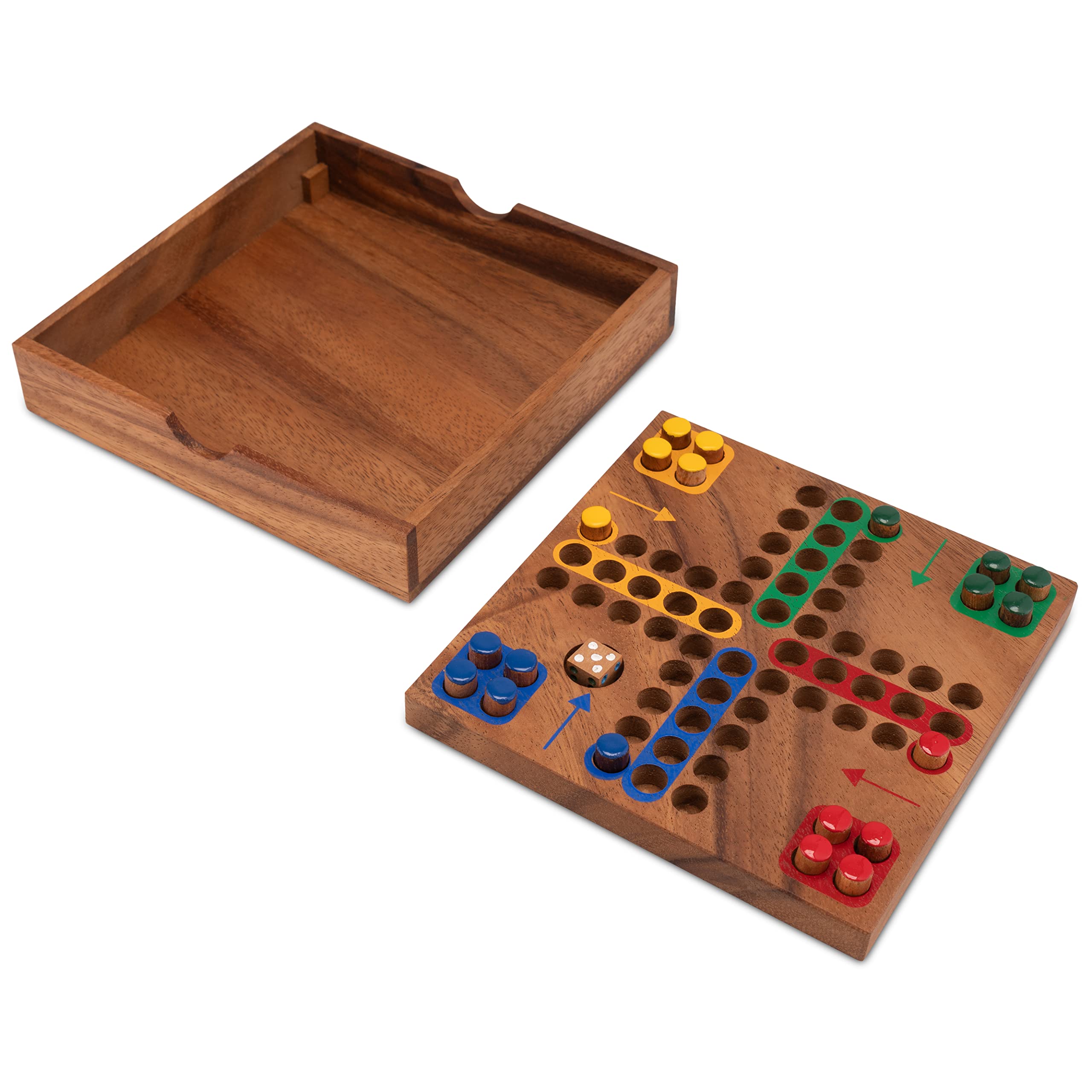 LOGOPLAY Ludo, Piccolo Gioco da Viaggio 16 X 16 cm, di Dadi e da Tavolo, Per Famiglie, in Legno Con Tasselli (Marrone) (Confezione da 2)